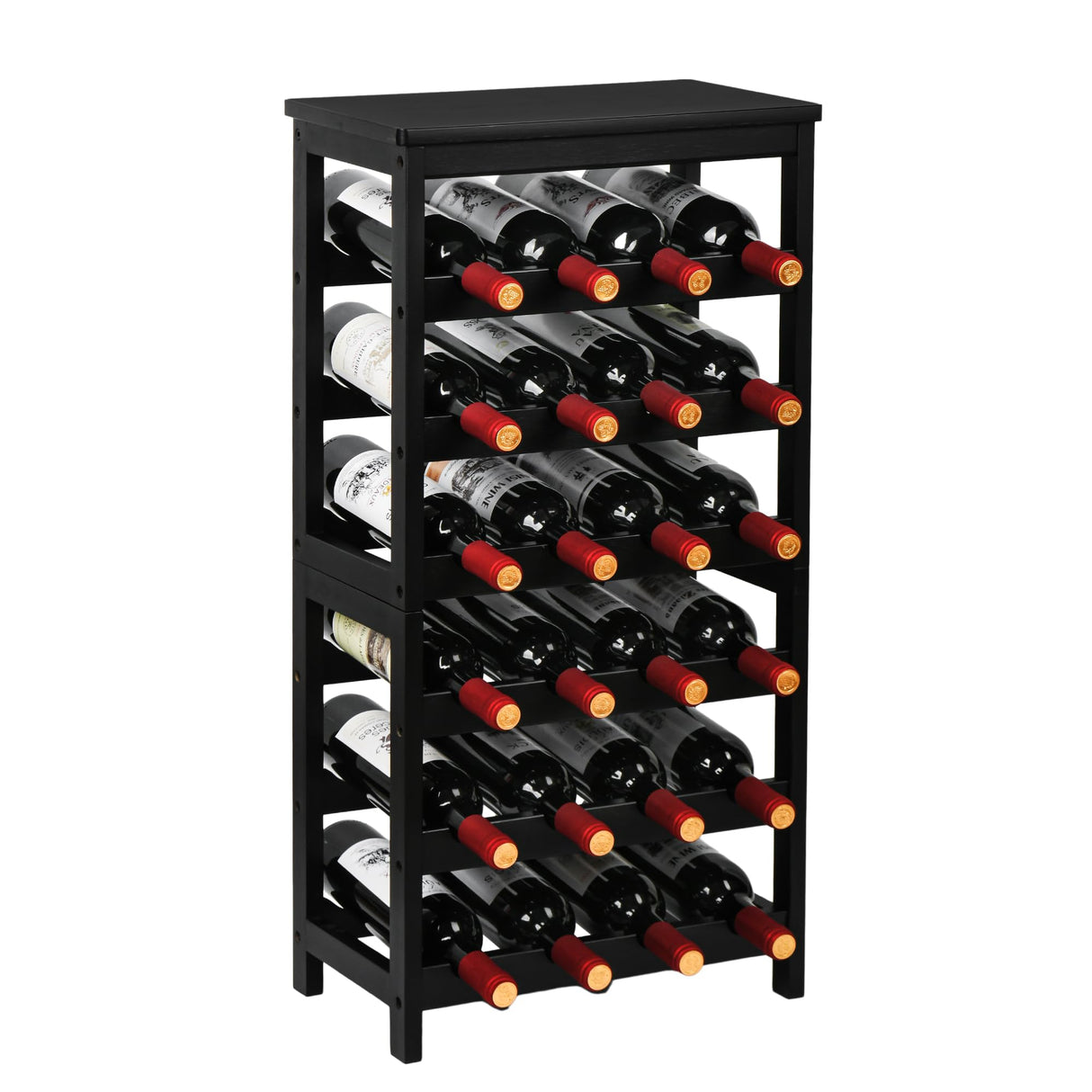 VASMIA Wine Rack Freestanding Floor, 6-Tier Display Wine Storage Shelves with Table Top, 24-Botttle Bamboo Wine Rack Shelf for Kitchen Bar Dining Room Living Room, Black VASMIA