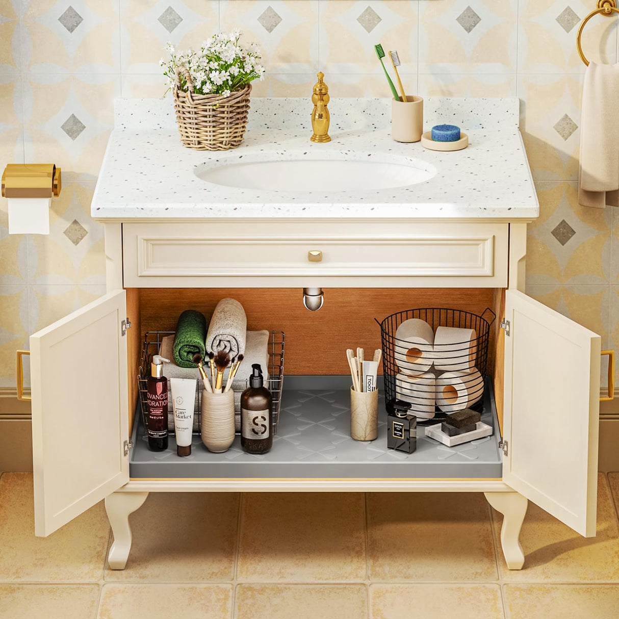 SIKADEER 34" x 22" Under Sink Mat Waterproof, Silicone Mat Kitchen Drawer Shelf and Cabinet Liner, Sink Protector for Kitchen Organizers and Storage, Boot Tray Pet Food Mats SIKADEER