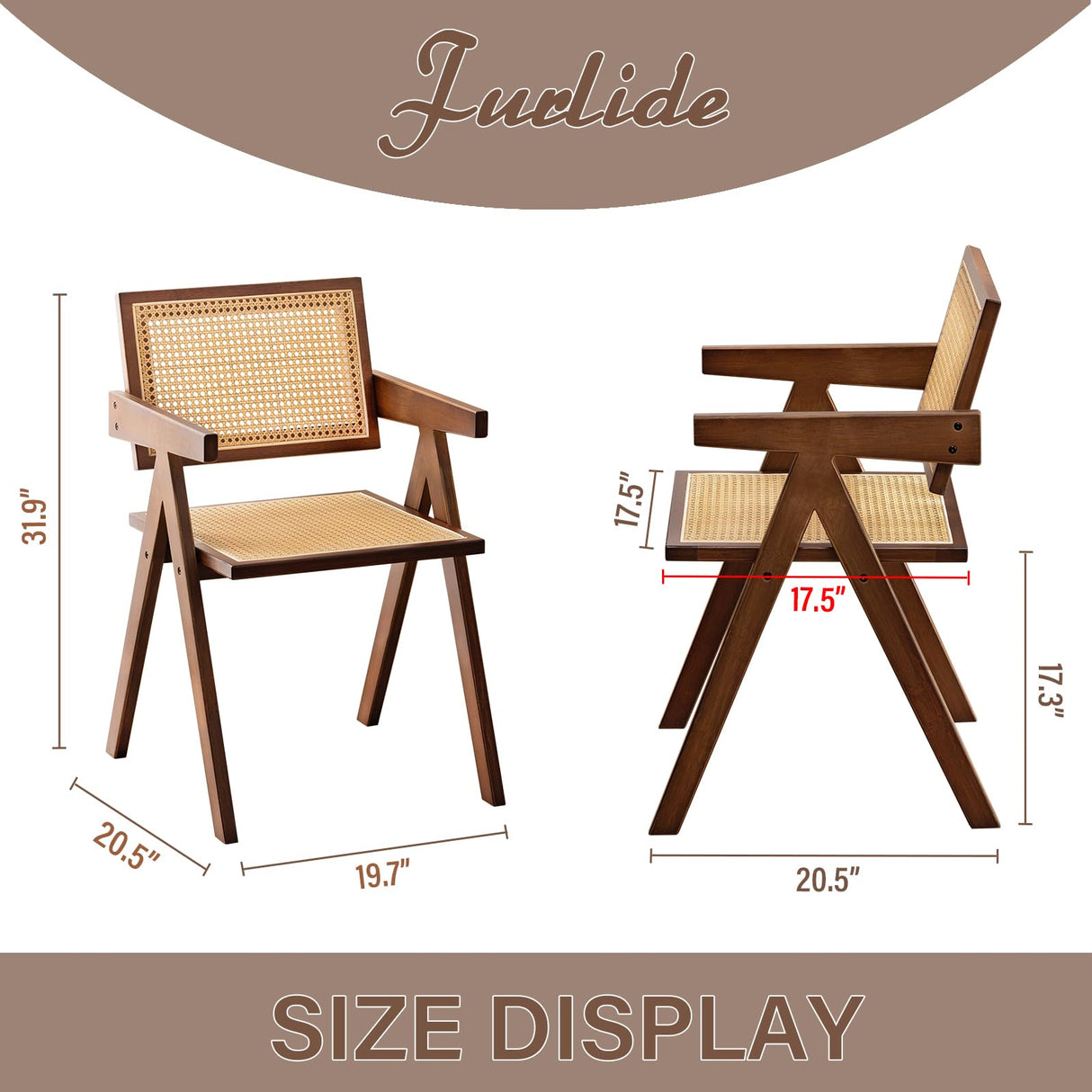 Furlide Rattan Accent Chairs, Modern Mid Century Dining Chairs Set of 2, Comfy Armchairs, Outdoor Rattan Chairs with Armrest for Bedroom Living Room Reading Room Dining Kitchen, Brown Furlide