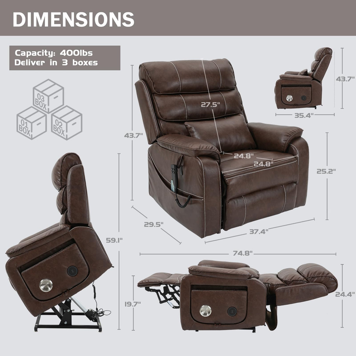 JIKFRIMA Power Lift Recliner Chair for Adults Elderly Lay Flat Leather Recliners with Massage Heating, Extended Footrest, Wireless Charging Device, USB Ports, Cup Holder, Lumbar Pillow, Up to 400LBS JIKFRIMA