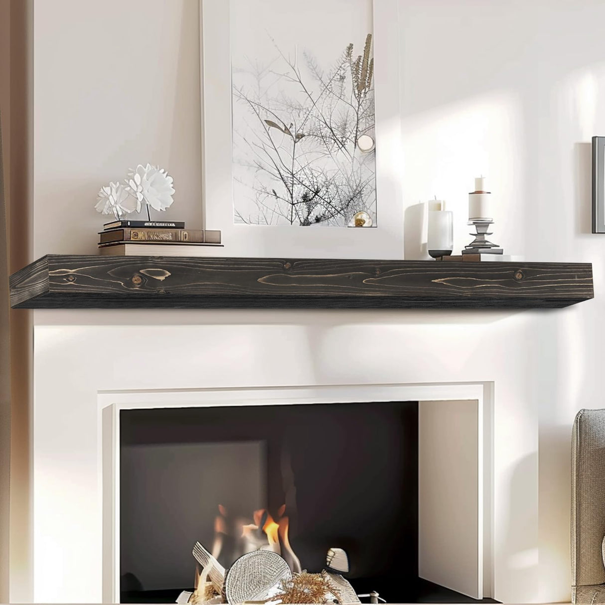 ABSWHLM 72x8x3 Fireplace Mantel - Handcrafted Hollow Rustic Solid Wood Wall Mounted Floating Shelf with Invisible Heavy Duty Wood Bracket (Weathered Black) ABSWHLM