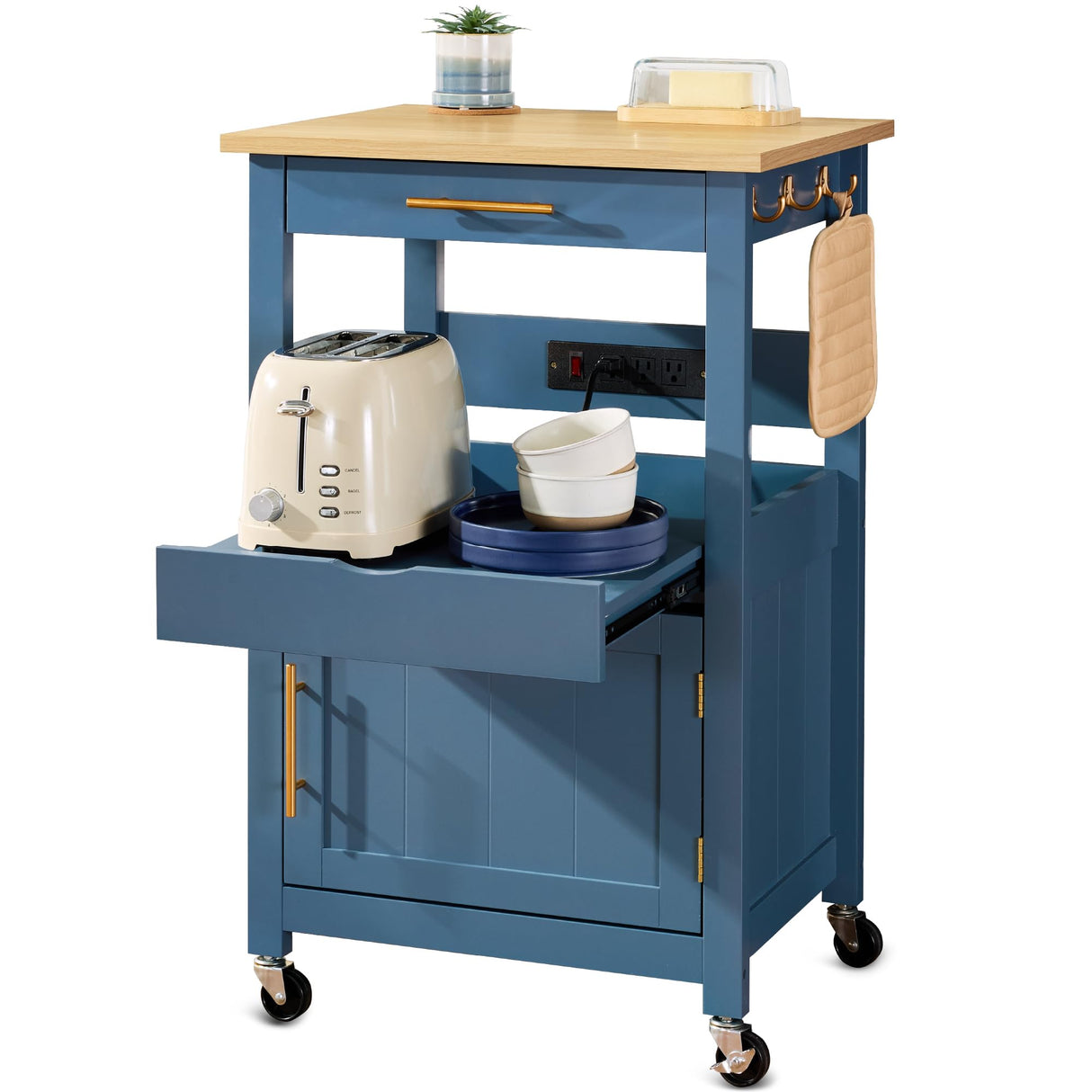 Best Choice Products Rolling Kitchen Island Cart, Single Door Cabinet w/Drawer, Sliding Tray, Hidden Outlet, Hooks, & Lockable Wheels - Slate Blue Best Choice Products