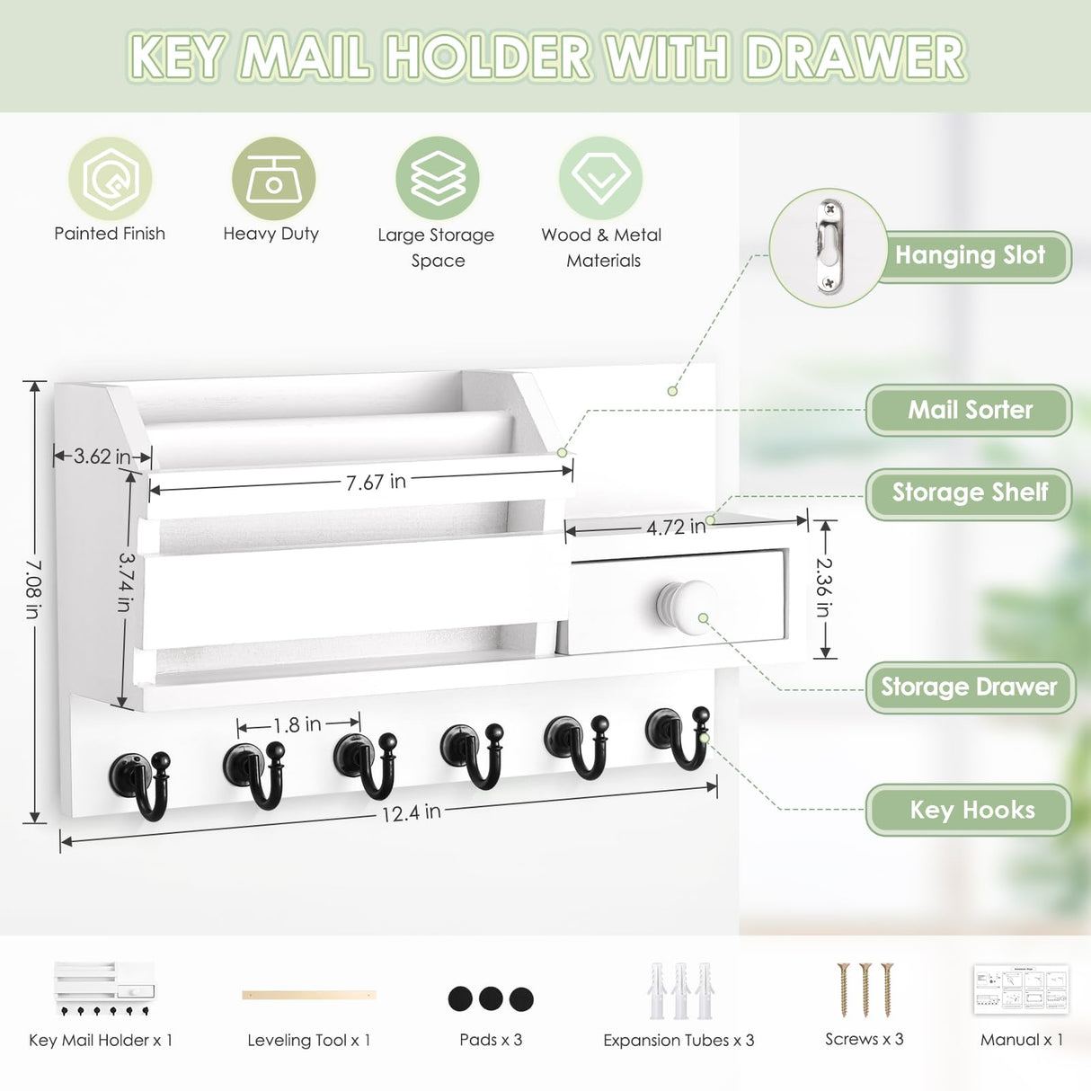 VIS'V Key Holder for Wall, Wooden Key Mail Holder with Drawer Wall Mount Key Organizer Mail Sorter with 6 Key Hooks Key Rack with Shelf for Entryway Doorway Hallway - White VIS'V