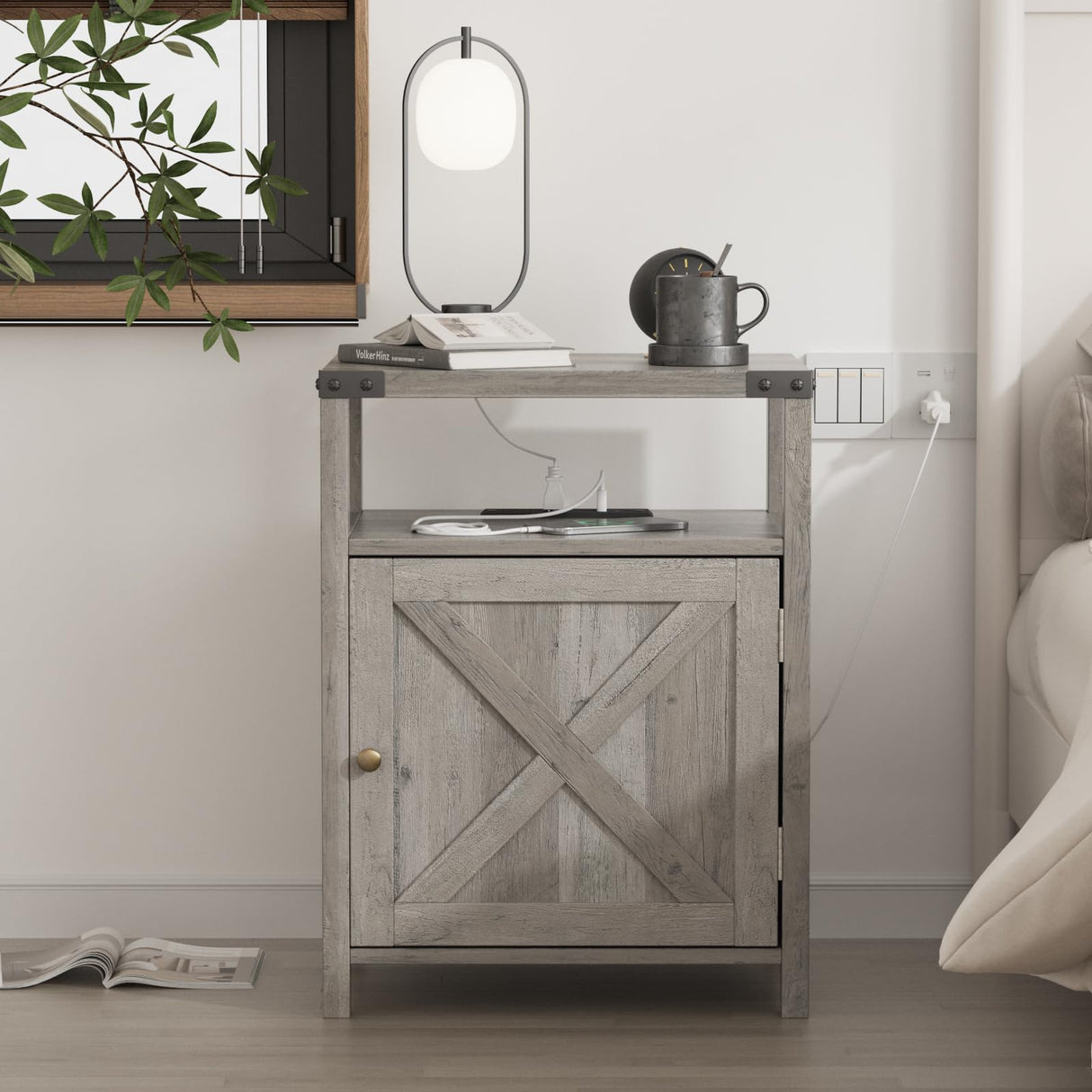 Fameill Nightstands Set of 2, Night Stand with Charging Station, Bed Side Table with Storage Cabinet, Farmhouse End Table for Living Room with USB Ports and Outlets, Gray Fameill