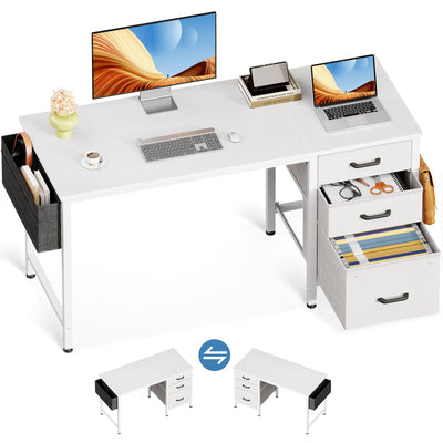 Casaottima 40" Small Computer Home Office Desk for Bedroom with Fabric Drawers & File Cabinet, Cloth Storage Bag and Hook, Writing Study Work Table for Small Space, White