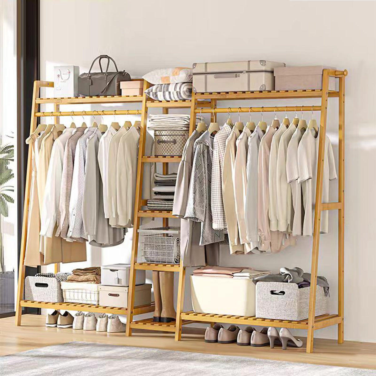 Baveke Bamboo Garment Rack 9 Tier Storage Shelf Coat Clothes Hanging Rack, Portable Wardrobe Closet Organizer With Top Shelf, Shoe Storage Shelves for Bedroom (Natural - 74.8 in) Baveke