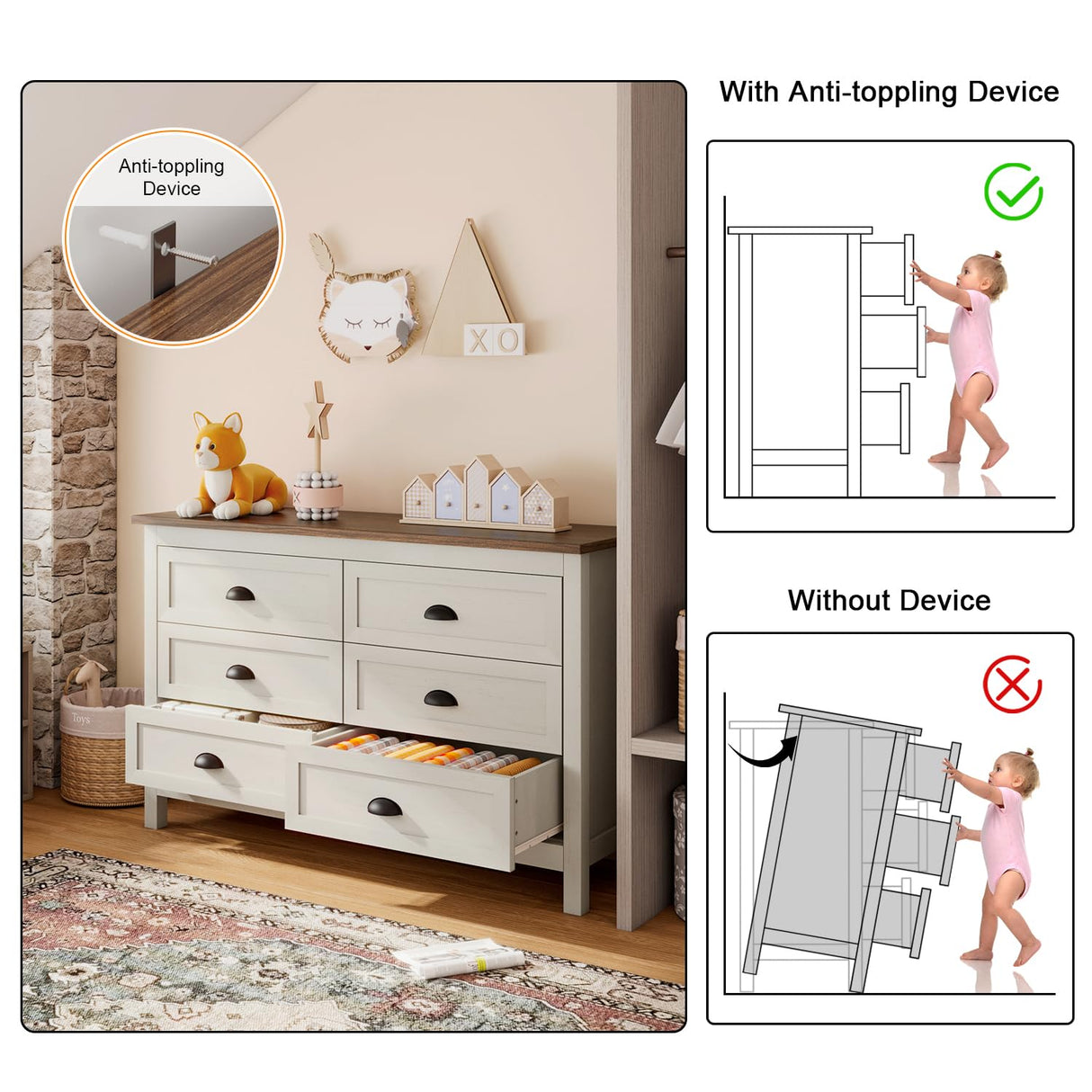 Wananlanen Farmhouse Dresser for Bedroom, Antique Double 6 Drawer Dresser & Chest of Drawer with Metal Handle and Storage, Wood Rustic Dresser Organizer for Living Room(Antique White) Wananlanen