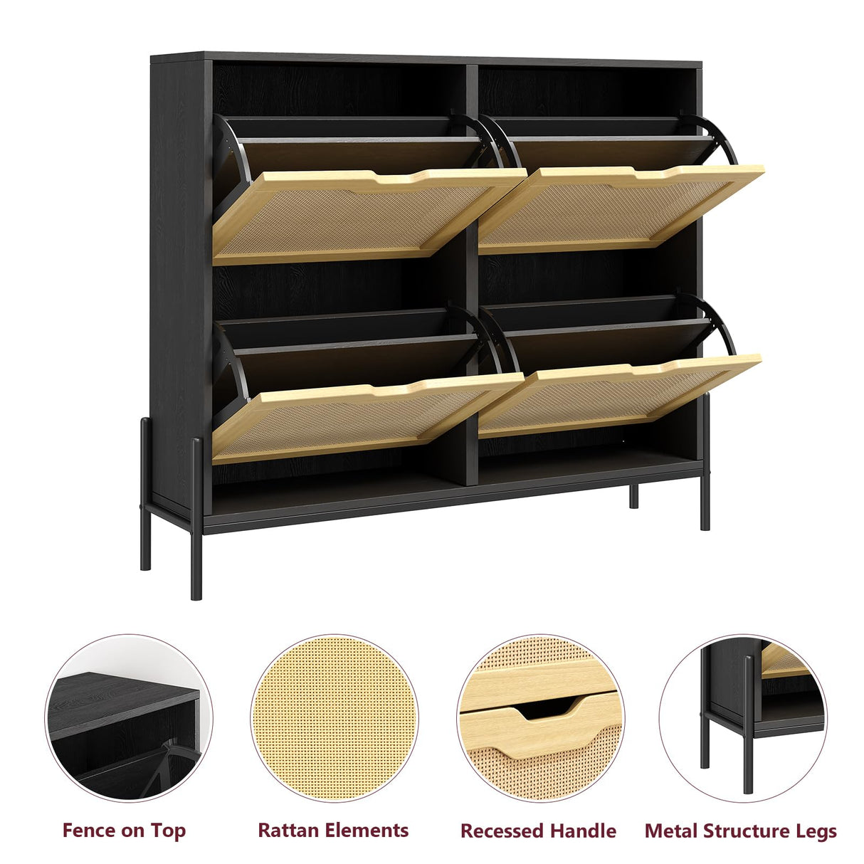 Algglobuy Large Rattan Shoe Cabinet Storage with 4 Flip Drawers & 3-Tier Adjustable Shelves, Slim Shoe Cabinet for Entryway, Modern Hidden Shoe Rack Cabinet, Black Algglobuy