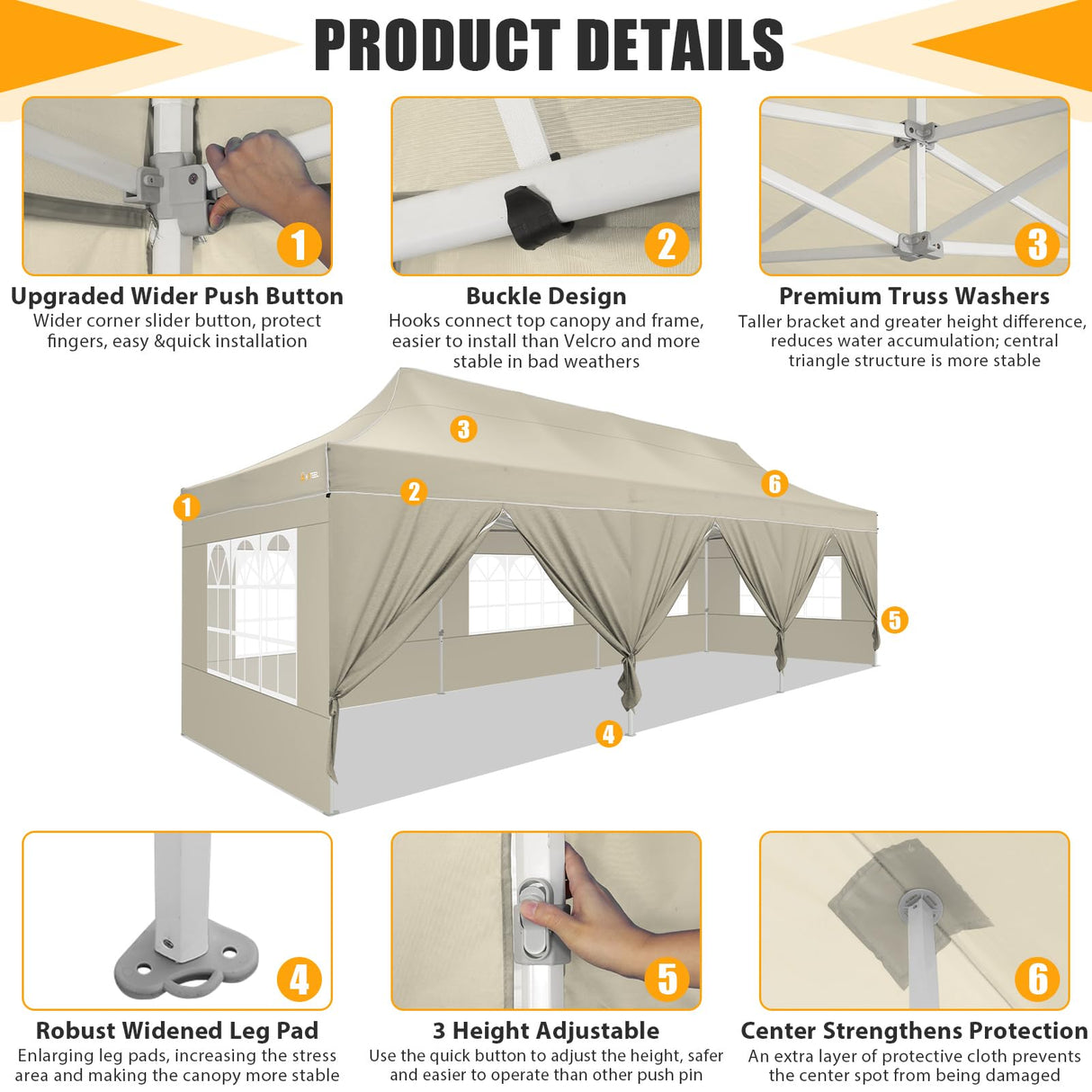 HOTEEL Tents for Parties 10x30 Pop Up Canopy Tent Heavy Duty with 8 Sidewalls, Commercial Party Tent Event Wedding Instant Canopy Waterproof with Carry Bag, UV 50+, Thicked Hexagonal Legs, Khaki Hoteel