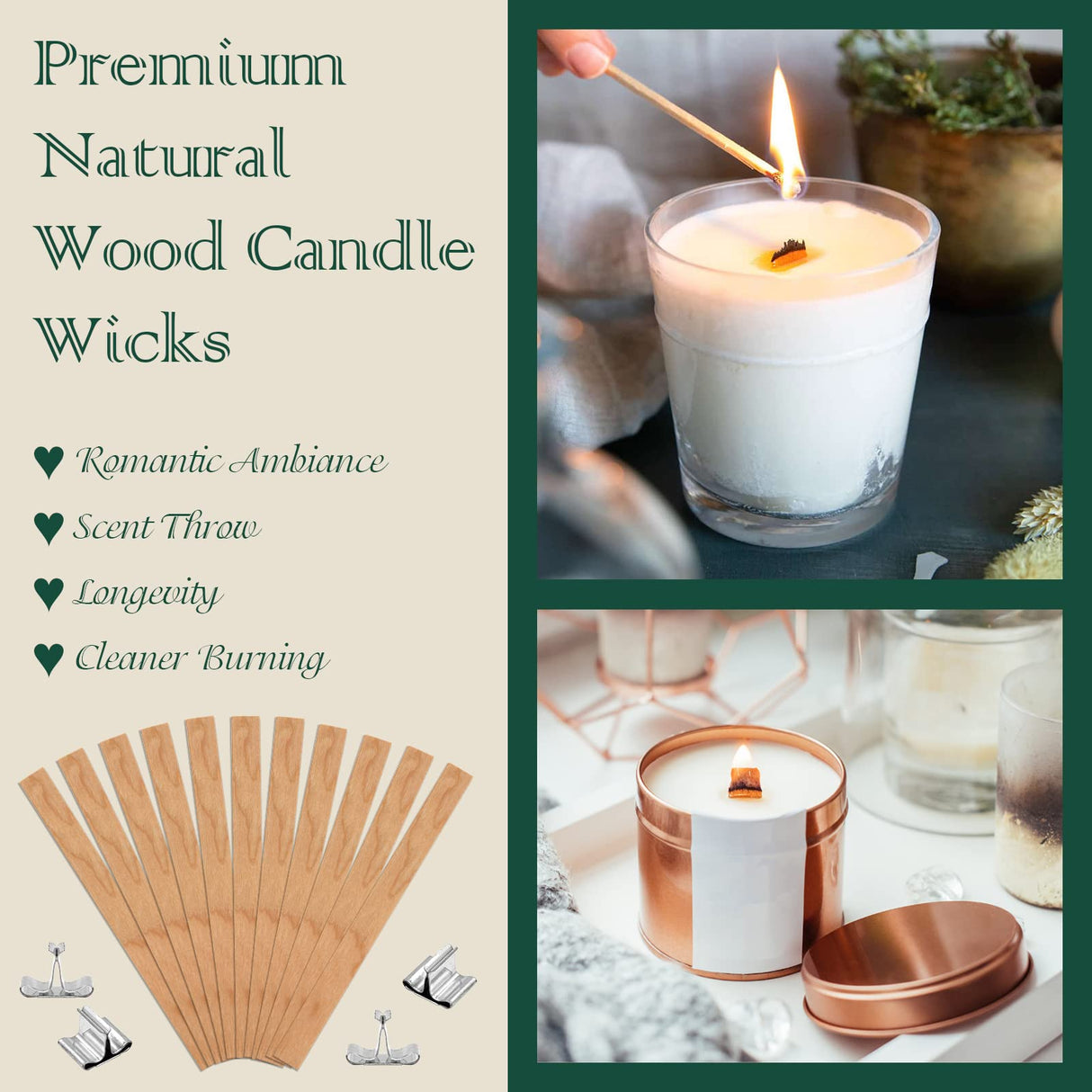 ZYNERY 100 Set Wood Wicks for Candles Making, Crackling Wooden Candle Wicks, Smokeless Candle Wick with Metal Base Labels (5.9x0.5 Inch) ZYNERY