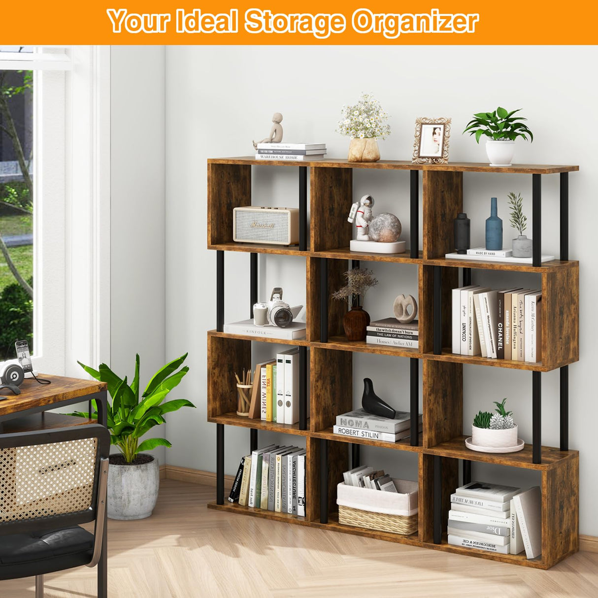 IBUYKE 5-Tier Tall Bookshelf,S-Shaped Geometric Bookcase, Wood Display Shelves with Storage,Industrial Bookshelf for Living Room Bedroom, Home Office, Rustic Brown WBC015H IBUYKE