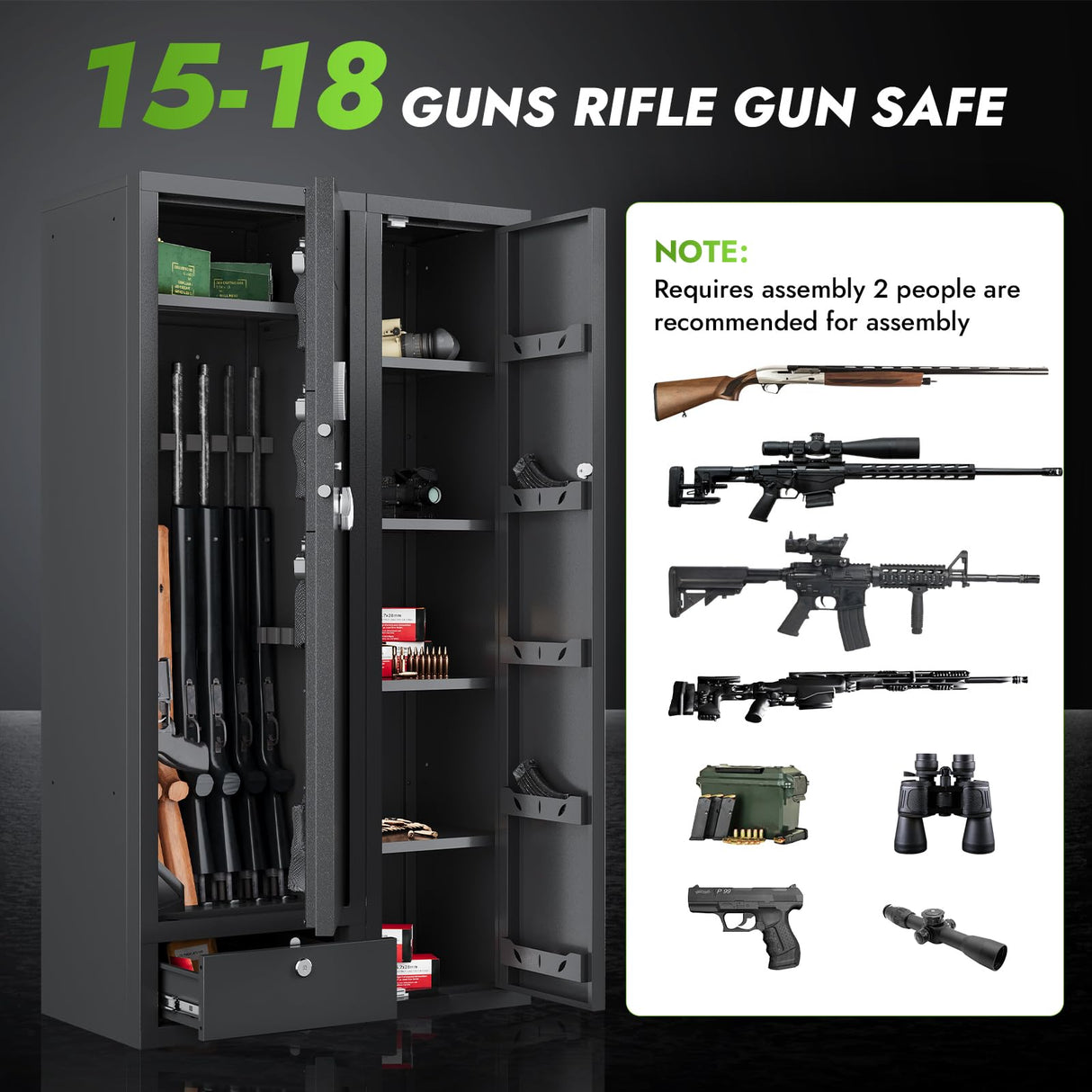 KAER 15-18 Gun Safe,Gun Safes for Rifles and Pistols,Rifle Safe,Gun Cabinet,Gun Safes for Home,Gun Safe for Rifles with Digital Keypad,Drawer,Removable Shelf (Unassembled) KAER