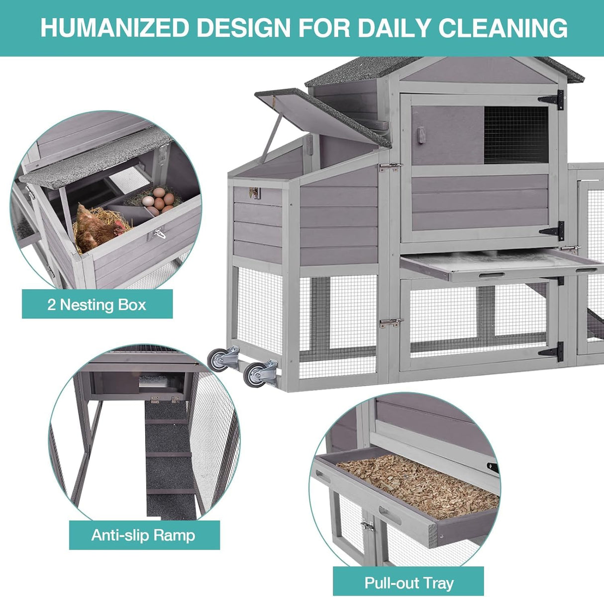 Chicken Coop for 2-4 Chickens, Mobile Chicken House for Outdoor with Wheels, Nesting Box, Leakproof Pull-on Tray and UV-Resistant Roof Panel, Wooden Chicken Coop for Duck Suumerpety