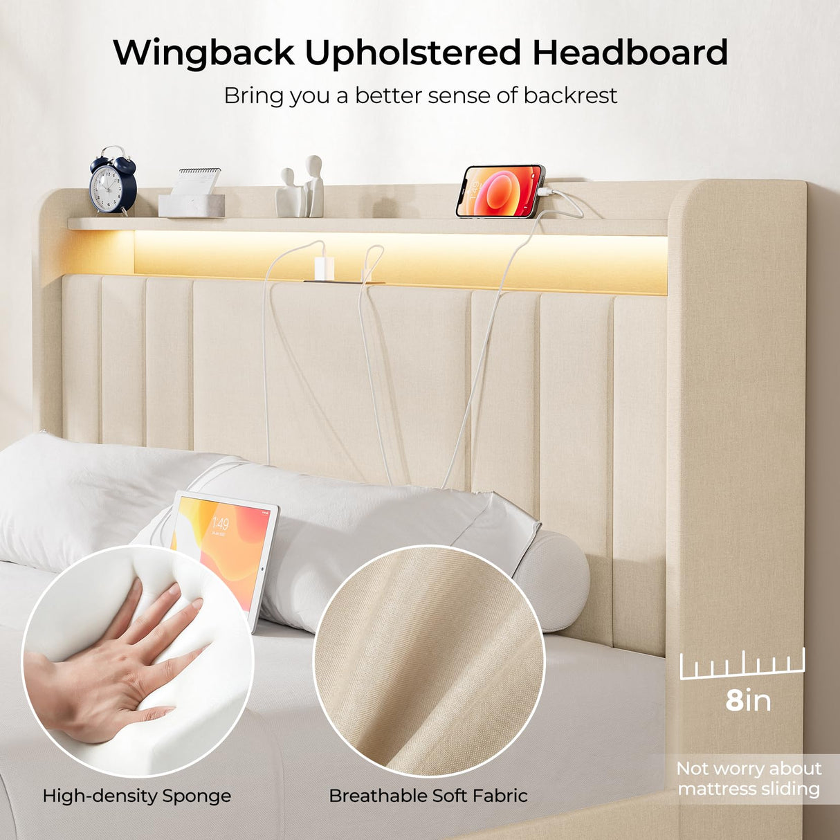 koorlian Queen Size Upholstered Bed Frame with 4 Storage Drawers and 51'' Tall Headboard Wingback Platform Bed Frames with RGB LED & USB Charging, 3 Adjustable Height, Noise-Free/Metal Support, Beige koorlian