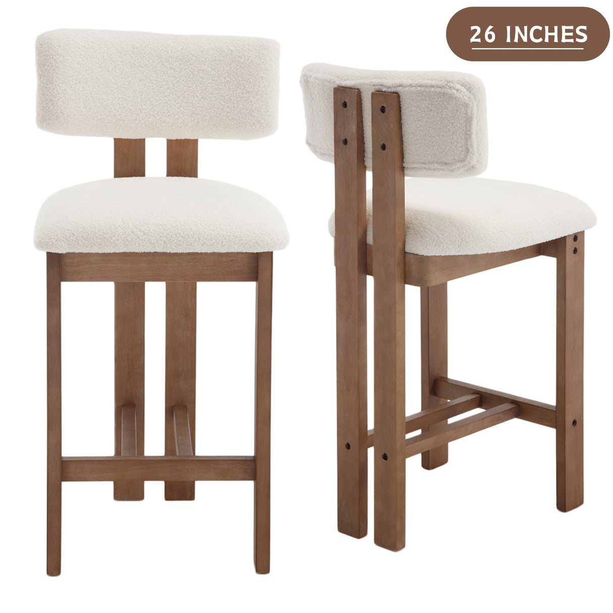 Shunzhi Upholstered Farmhouse Counter Height Bar Stools Set of 4 White Sherpa Barstools with Back/Solid Wood Legs, Modern Bar Chairs for Kitchen Island/Home Bar/Pub, 26 Inch Shunzhi