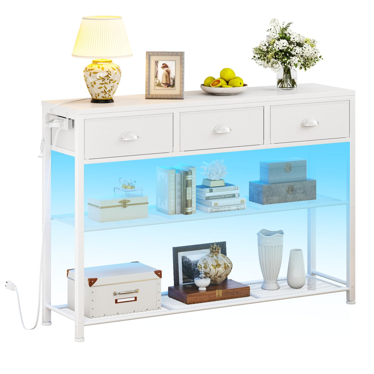 Furologee 38in Console Table with 3 Drawers, Small Sofa Table with Lights and Power Outlets, Hallway Tables with 3-Tier Shelves, White Narrow Console Table for Entryway, Living Room, Couch, Foyer Furologee