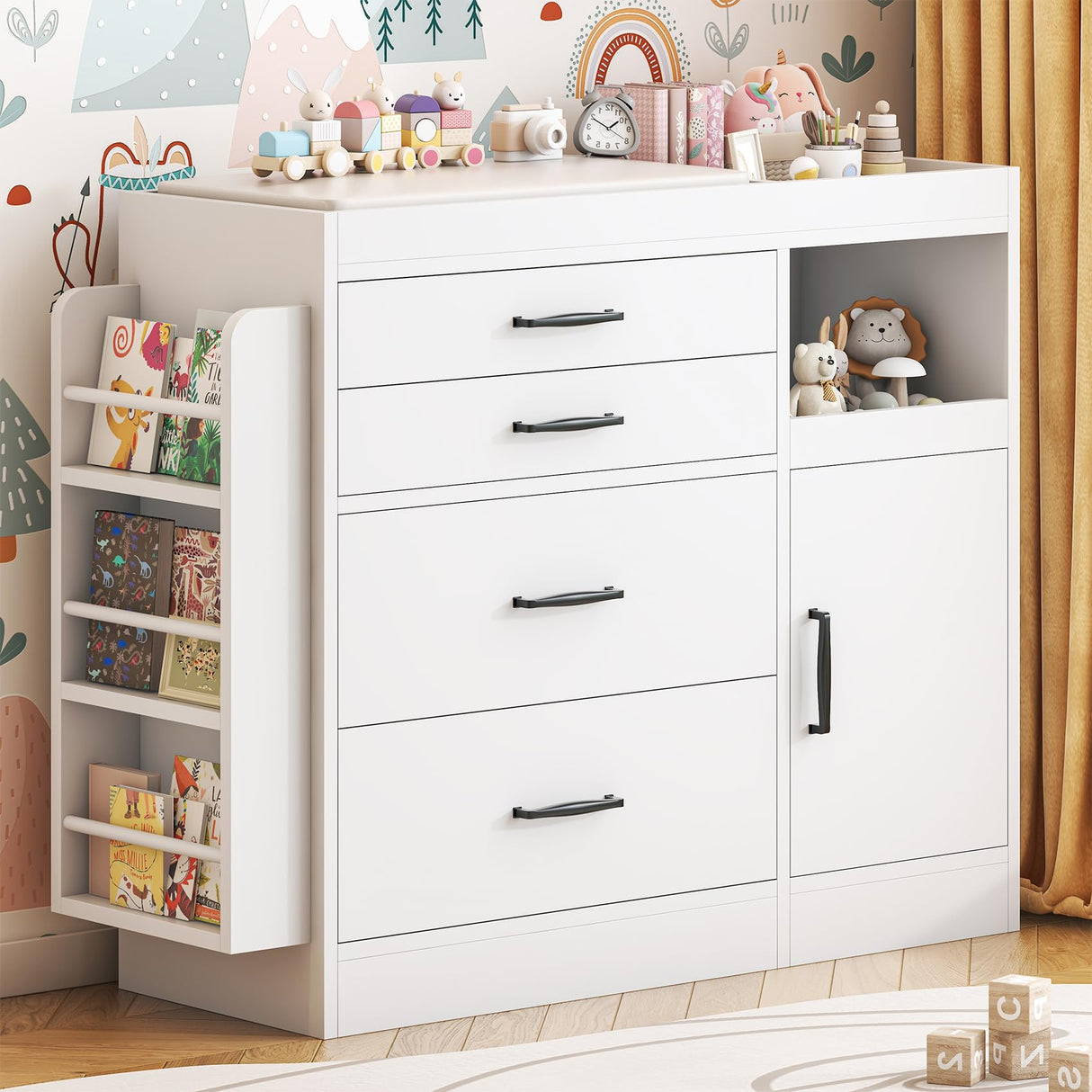 Bigbiglife Changing Table Dresser, Baby Nursery Dresser with 4 Drawers & 1 Cabinet & 3 Open Shelves Storage, Modern Diaper Changing Station for Children's Room, Changing Pad Included, White Bigbiglife