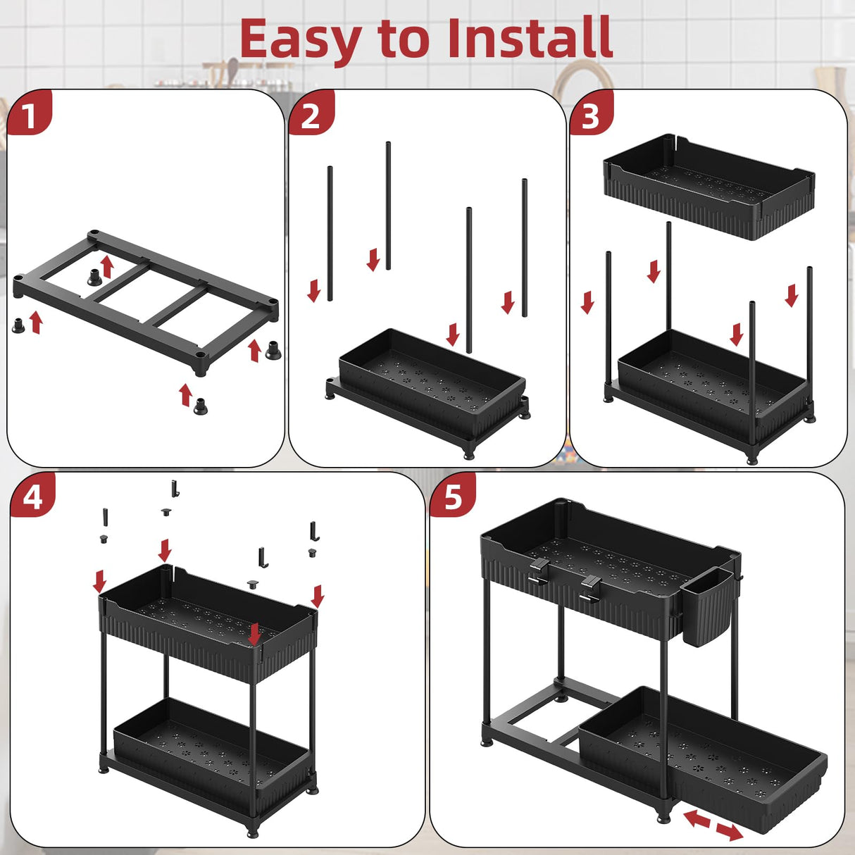 Sevenblue 4 Pack Under Sink Organizer, Bathroom Organizers and Storage, 2 Tier Multi-Use Pull Out Cabinet Organizer with Hang Hooks and Cups (Black, 4 Pack) Sevenblue