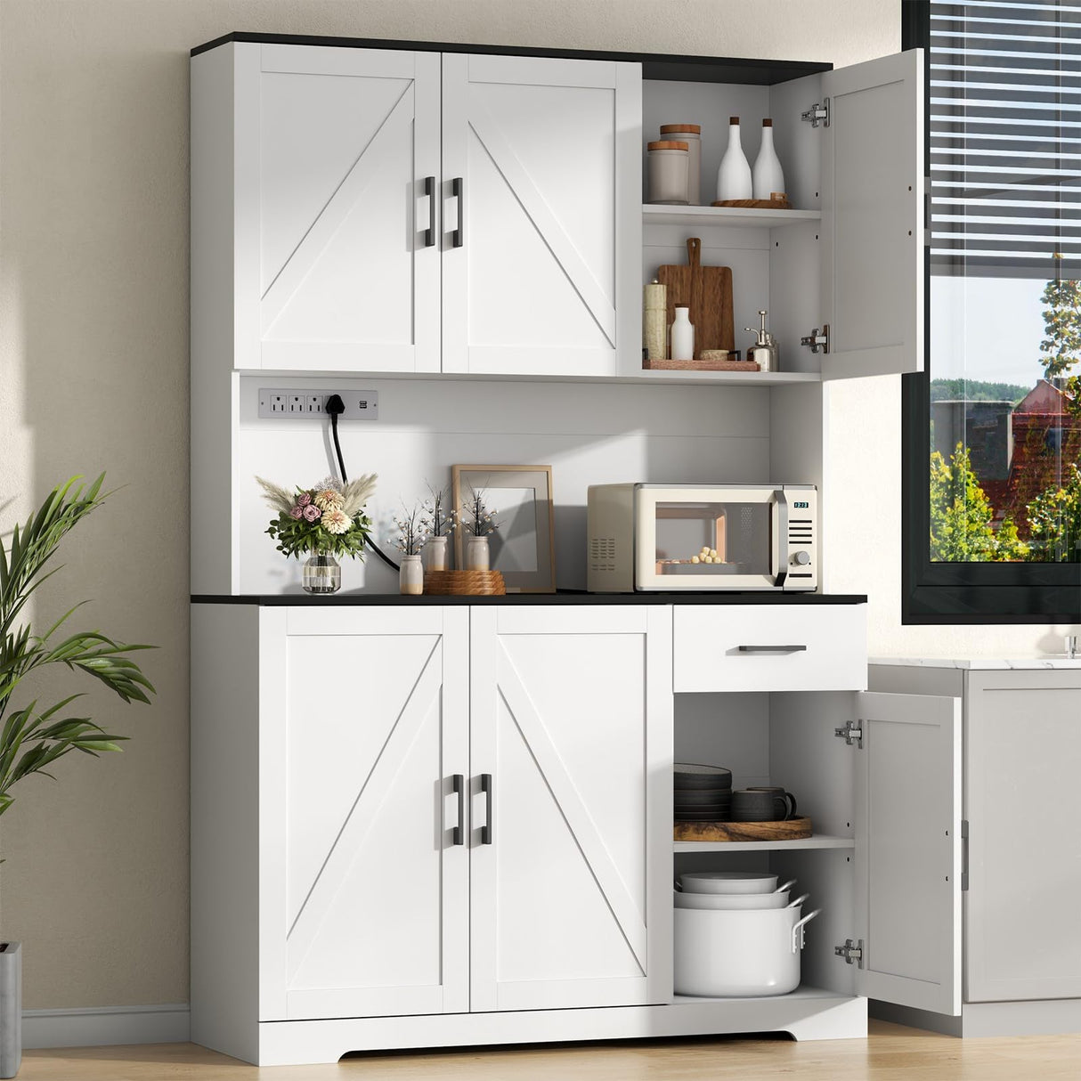 71’’ Farmhouse Kitchen Pantry Cabinet, Tall Kitchen Storage Cabinet with Power Outlet, Freestanding Kitchen Hutch Cabinet with Drawer, 4 Adjustable Shelf & 6 Doors for Kitchen Living Room (White) Gyfimoie