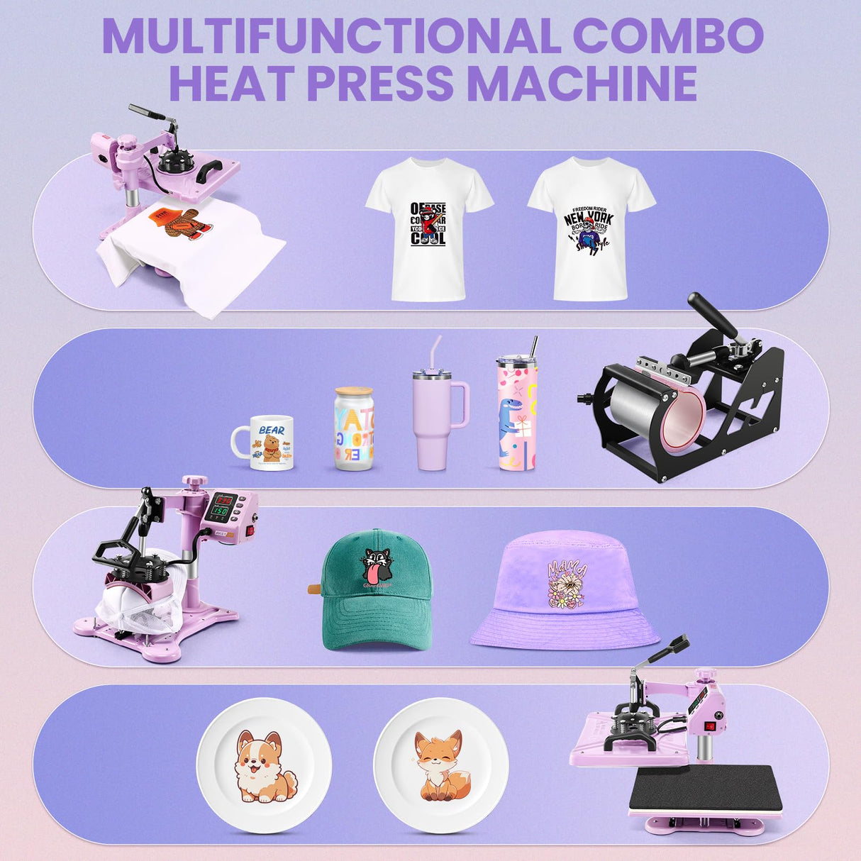 Heat Press Machine for Tshirts, 8 in 1 Heat Transfer Machine, 12" X 15" Heat Printing Press for Sublimation Combo with 360 Degree Rotation Swing Away for T-Shirt Hat Cap Mug Plate, Pink Purple AKEYDIY