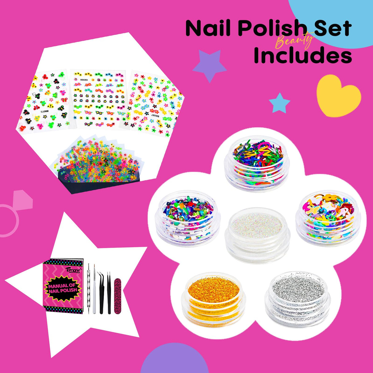 Tomons Nail Polish Set Non Toxic Kids Nail Polish Kit for Kids Ages 7-12, Birthday Gifts for 6 7 8 9 10 11 12 Year Girl, Glitter, Sequins, Stickers, Nail Art Kit Tools- 8 Colors Tomons