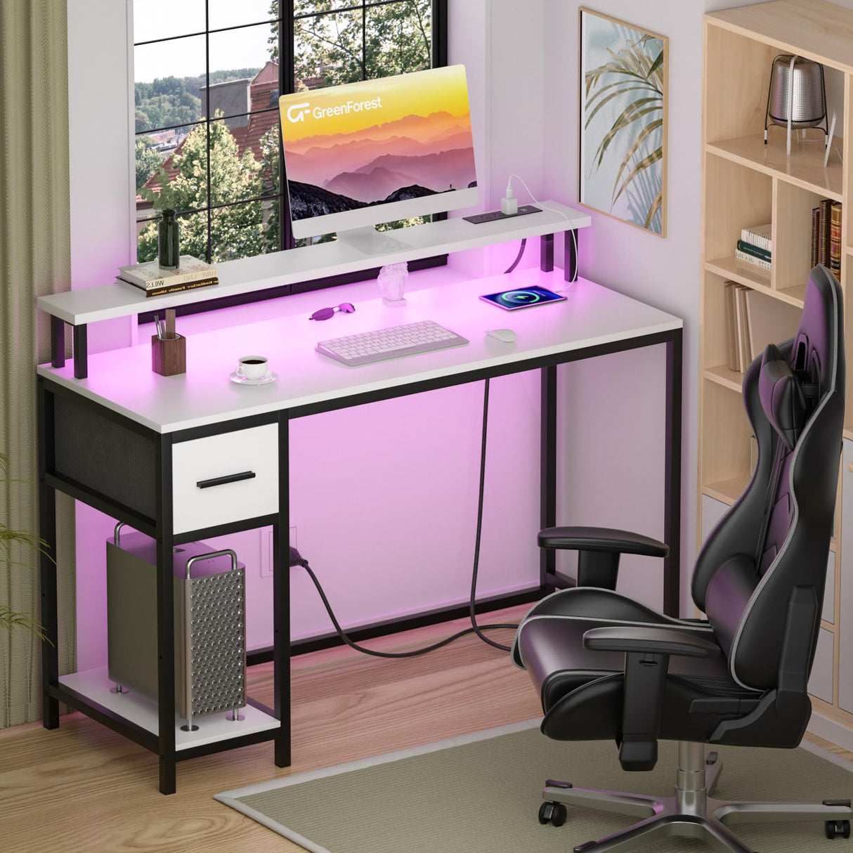 GreenForest White Computer Desk 47 Inch with LED Lights and Monitor Stand, Office Desk with Drawer for Small Spaces, Gaming Desk with Power Outlets and Shelf GreenForest