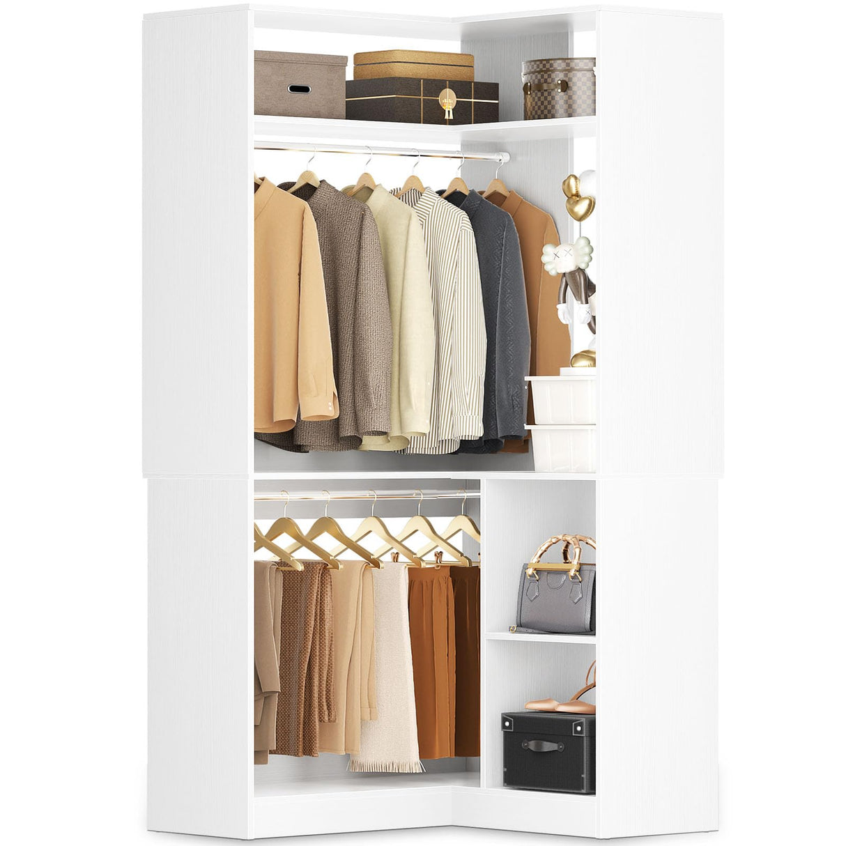 Aheaplus Corner Closet System With Shelves, 34'' Organizer With Hanging Rods, Wood Walk-in for Small Space, Freestanding Tower, L Shaped Garment Rack, White Aheaplus