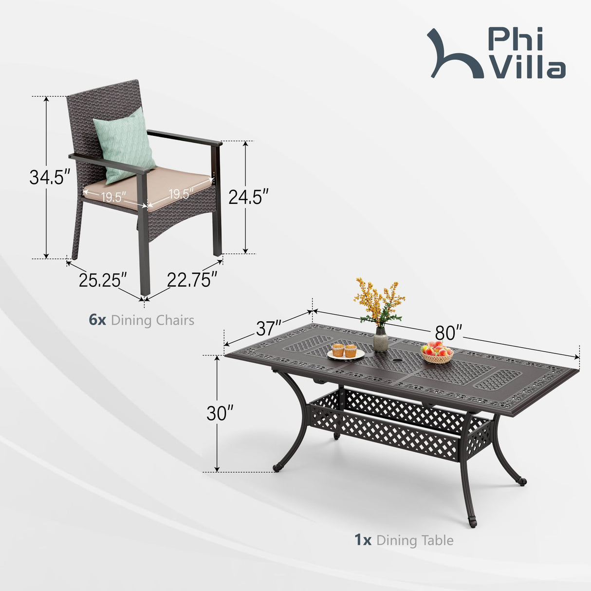 PHI VILLA 7 Pieces Expandable Cast Aluminum Outdoor Dining Set for 6, Extendable Metal Table with Umbrella Hole & Cushioned Wicker Chairs, Dining Furniture Set for Patio, Deck, Yard and Porch PHI VILLA