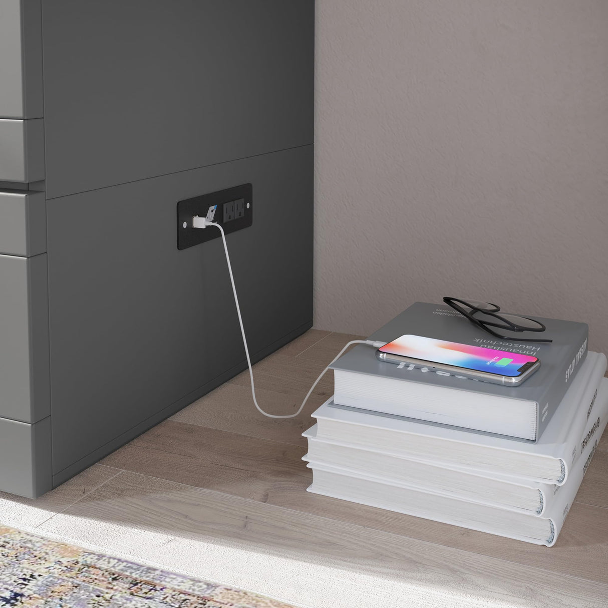 AFI Hamilton Full Murphy Bed Chest with Mattress, Storage, and Built-in Charger in Grey AFI