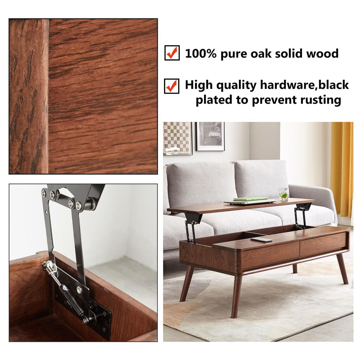 100% Solid Oak Wood Coffee Table, Lift Top Walnut Coffee Table with Drawers and Hidden Compartments, Rectangular Coffee Tables with Storage for Living Room Home Decor (39.37" L x 21.65" W x 25.59" H) Vadisun