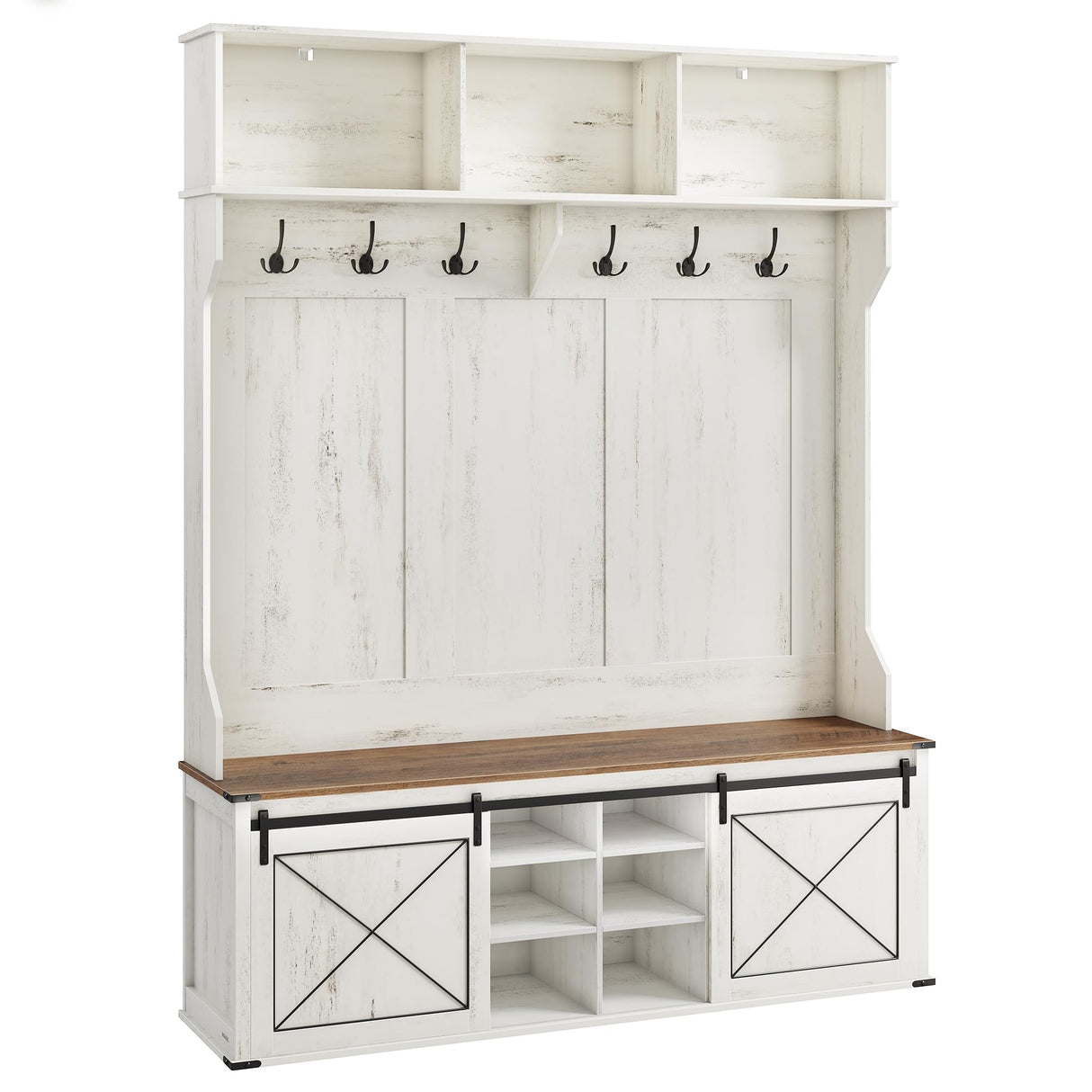 VASAGLE Hall Tree with Bench and Shoe Storage, Coat Rack with Shoe Bench, Entryway Furniture, 6 Tri-Hooks, Sliding Door, Farmhouse Style, Space Saving, Rustic White and Honey Brown UHSR443W01 VASAGLE