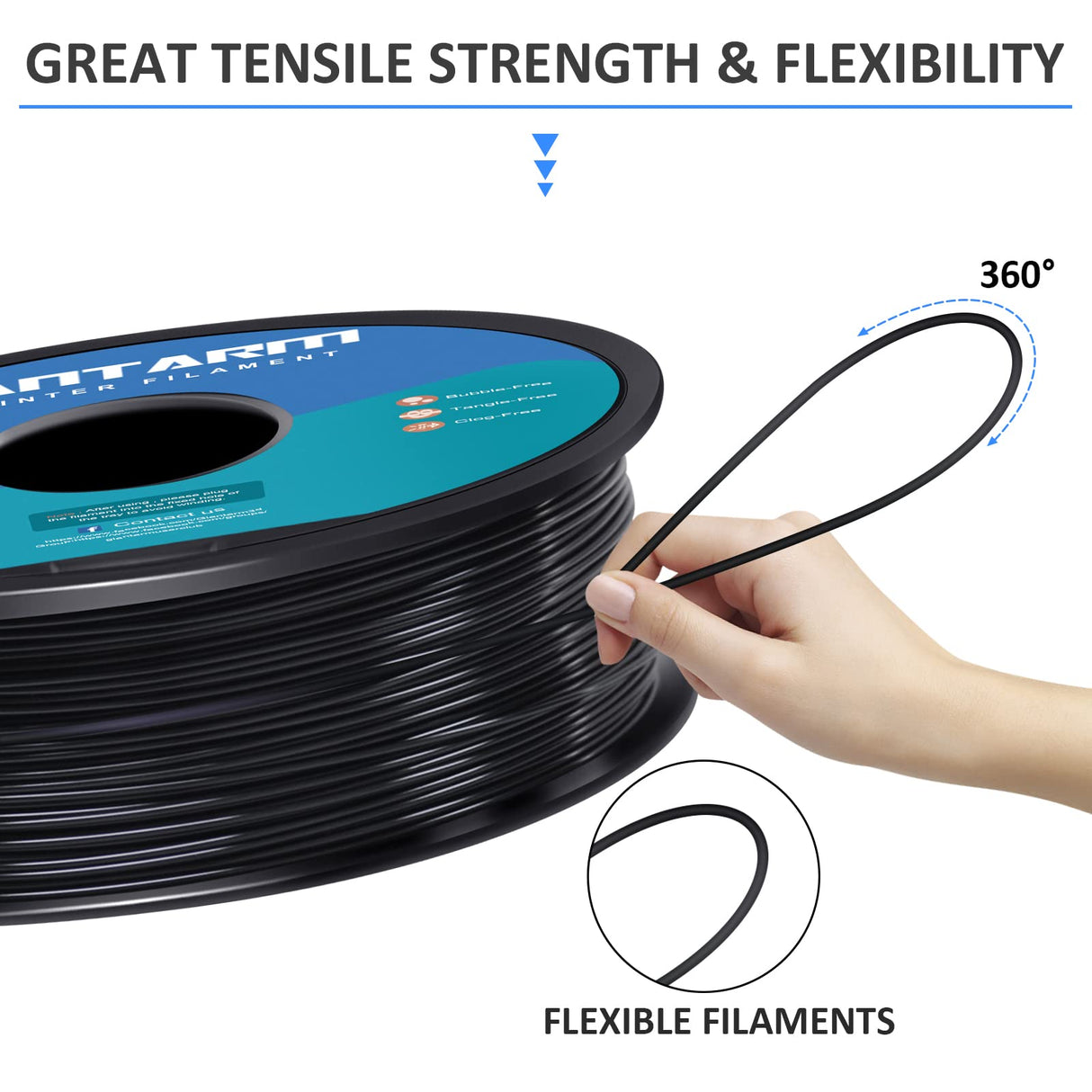 GIANTARM TPU Filament 1.75mm Flexible Soft 3D Printer Consumables Black,95A 1kg Spool (2.2 lbs.), Dimensional Accuracy +/- 0.05 mm GIANTARM