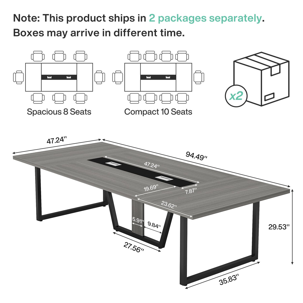 Tribesigns 8FT Large Conference Table for 10 People, Industrial 94.5-Inch Meeting Table with Two Grommets, Rectangular Podcast Training Table for Home Office, Studio, Business, 2 PCS Tribesigns