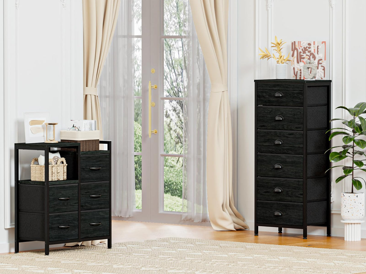 Furnulem Tall Dresser with 6 Drawers,Vertical Bedside End Table & Chest for Bedroom,Black Storage Tower Dorm Nightstand with Fabric Drawer Organizer Unit Furniture in Living Room,Closet,Hallyway Furnulem
