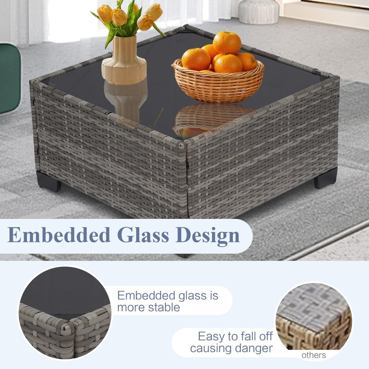 XTWEEX 7-Piece Outdoor Rattan Sectional Sofa Set, Wicker Patio Furniture with Coffee Table, Grey Cushions, Patio Conversation Set for Your Villa, Balcony, Porch, Backyard XTWEEX