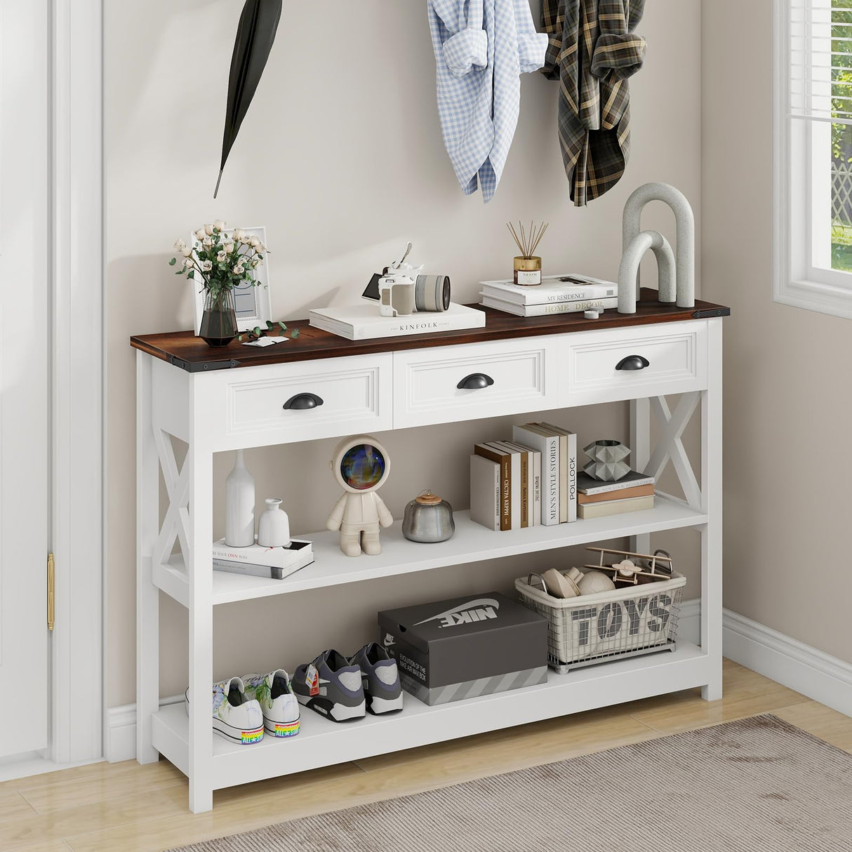 Vabches Sofa Table with 3 Drawers, Farmhouse Narrow Wood Accent Console Table Entryway Table with Storage Shelf for Entryway, Living Room, Foyer, Unique Design, White Vabches