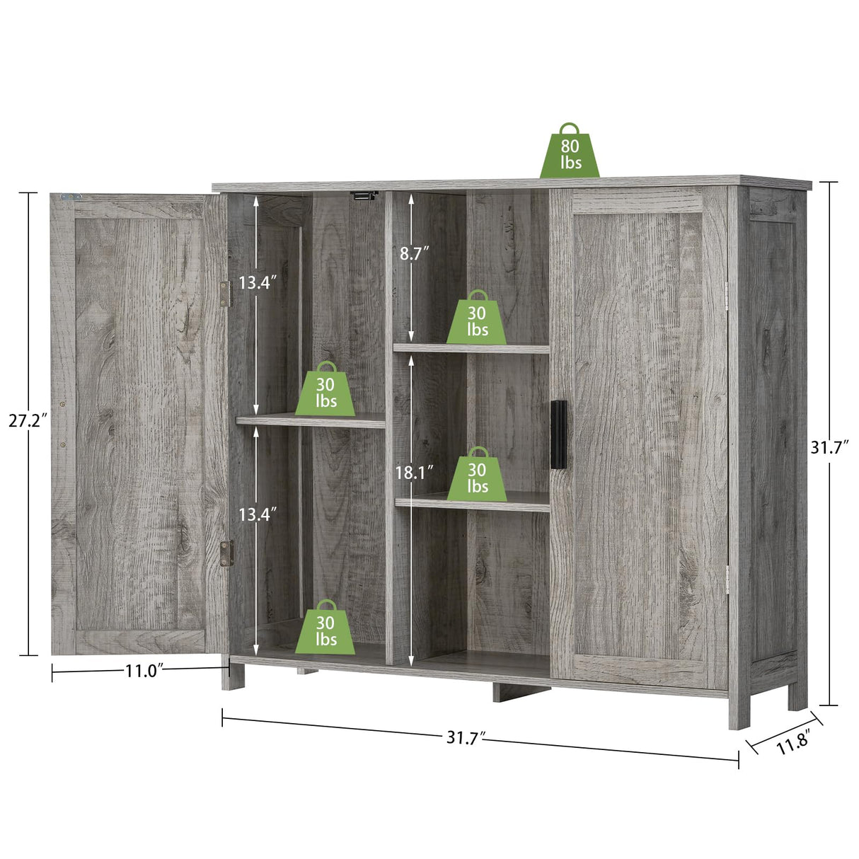 Iwell Storage Cabinet, Sideboard Buffet Cabinet with 2 Doors and 4 Storage Shelves, Floor Cabinet, Bathroom Cabinet for Living Room, Dinning Room, Entryway, Grey Iwell