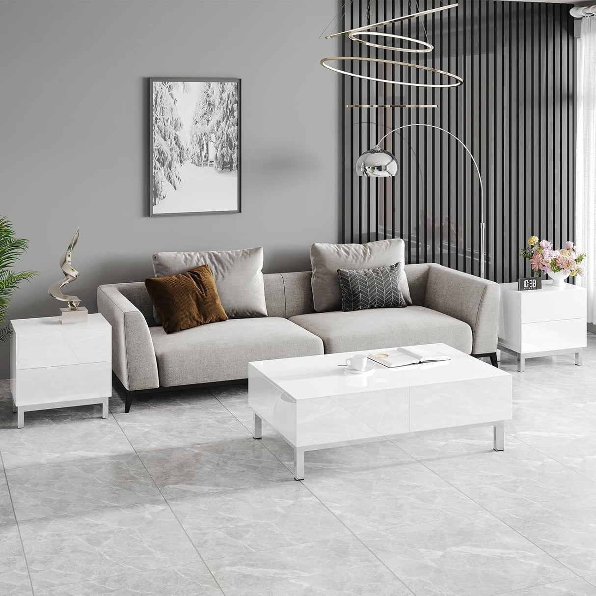 AMERLIFE High Gloss Electroplated Nightstand Set of 2, 24" Modern Minimalist Sofa Side Table with Magnetic Sliding Storage Drawers, Rectangular Simple End Bedside Table for Living Room, White AMERLIFE