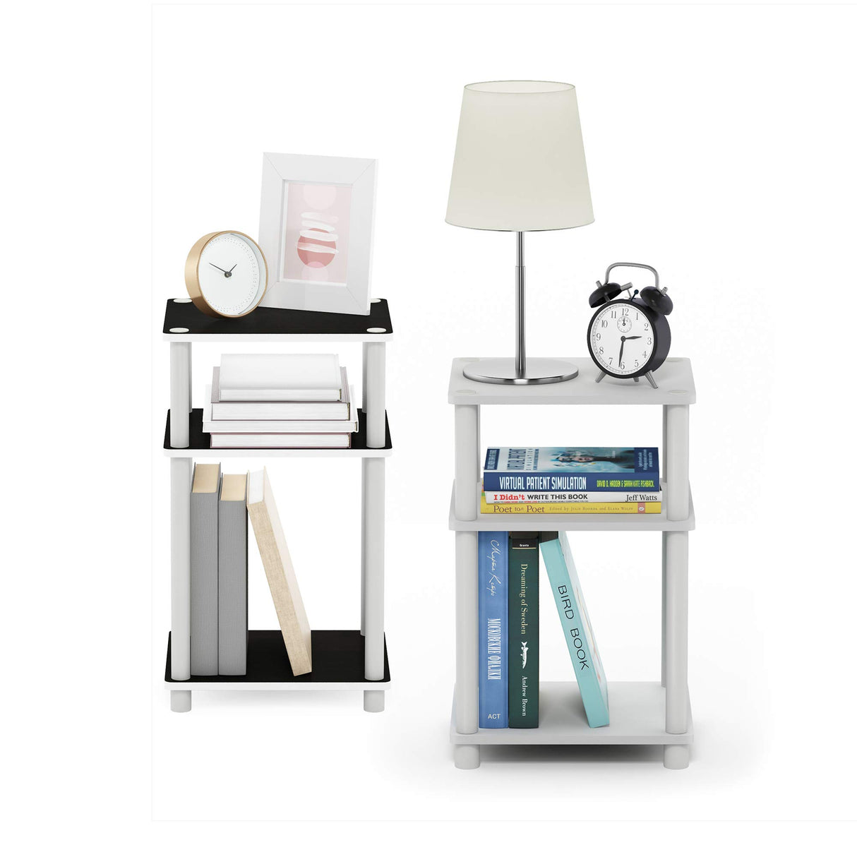 Furinno Just 3-Tier Turn-N-Tube End Table / Side Table / Night Stand / Bedside Table with Plastic Poles, 2-Pack, White/White Furinno