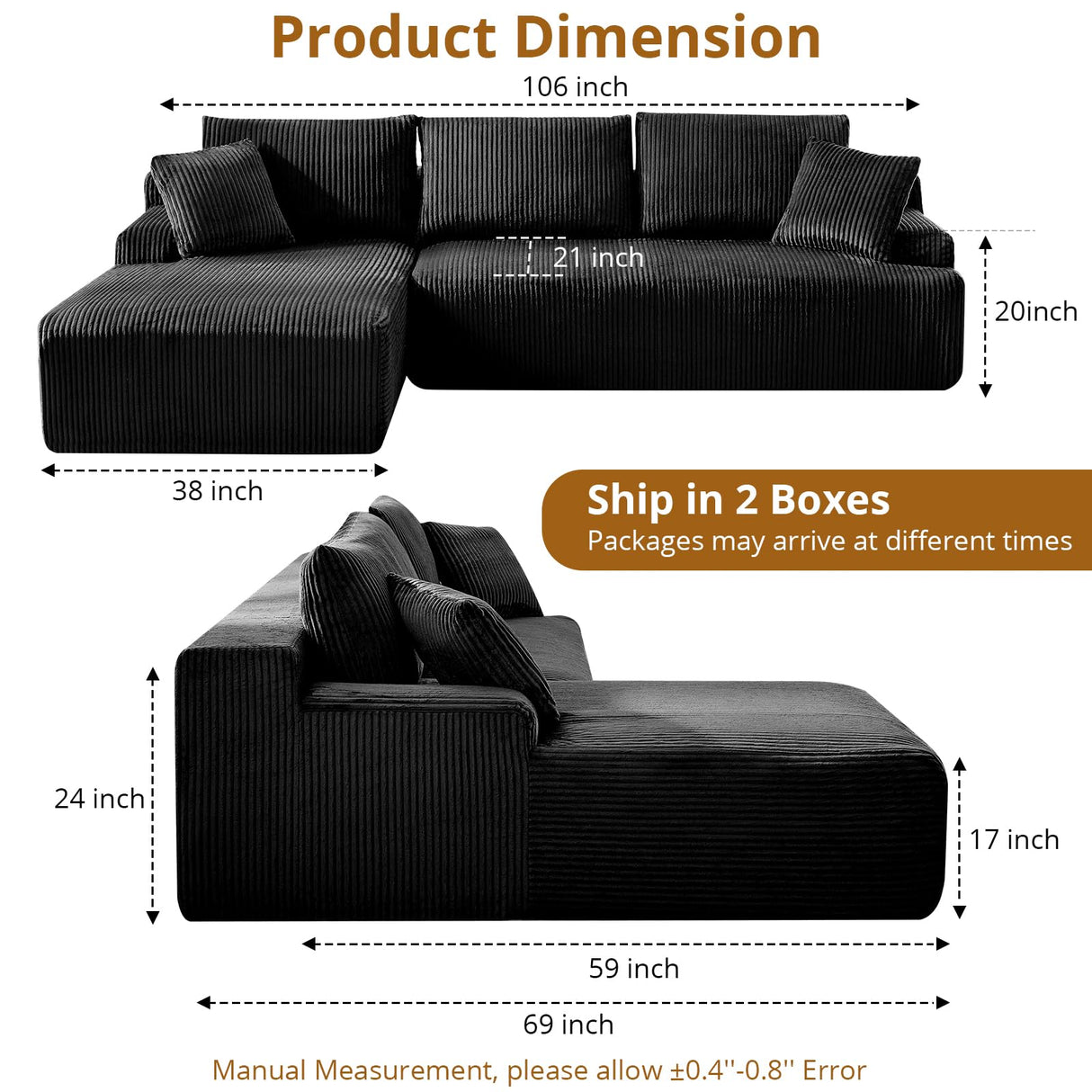 Cloud Couch with L-Shape Chaise 106 in Modern Sectional Modular Sofa with Deep Seat Corduroy Upholstered Boneless Couches for Living Room No Assembly Required Black GarveeLife