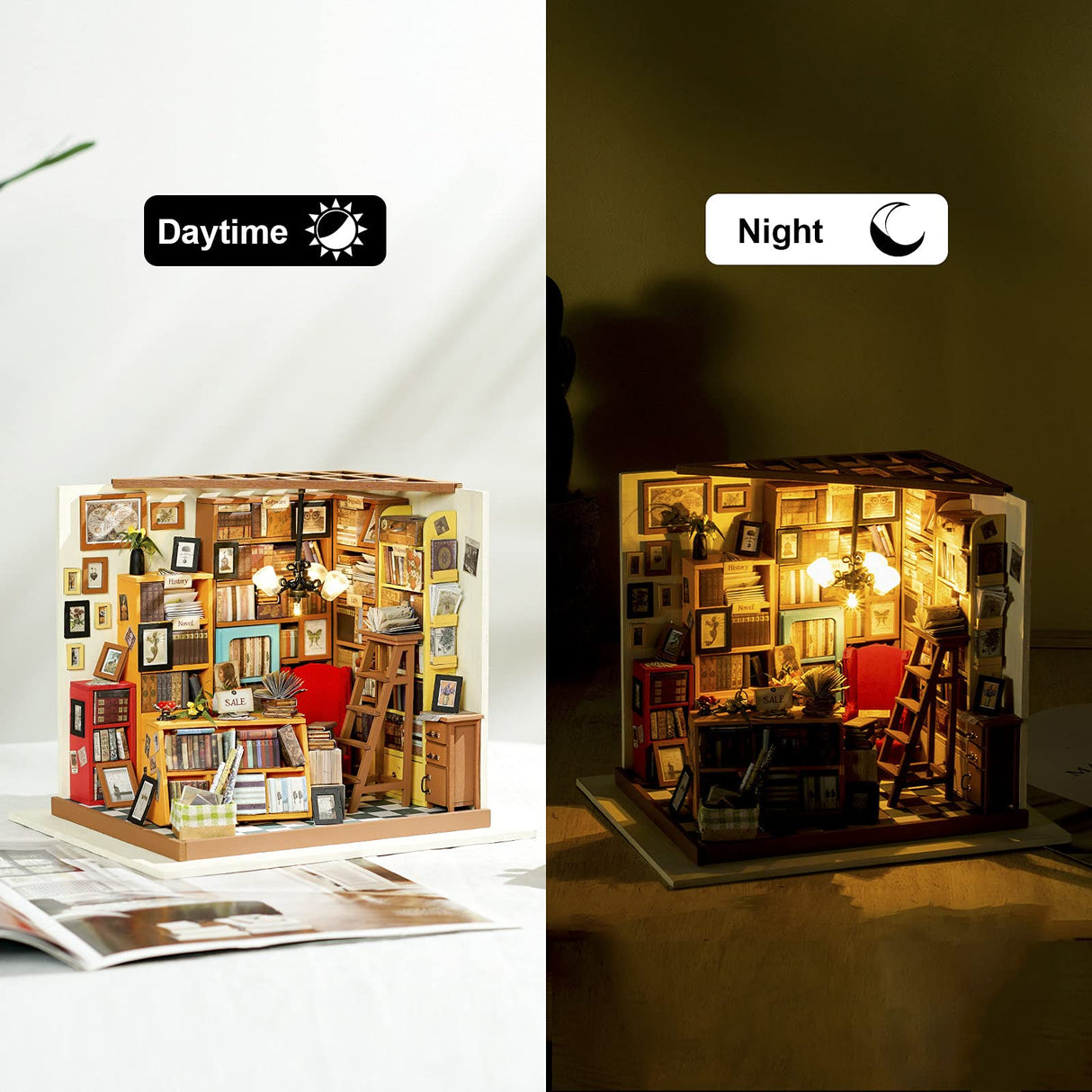 Rolife DIY Miniature Dollhouse Kit Bookstore Room Making Kit Mini Library Diorama Kit Wooden Model Building Set Hobby Christmas Birthday Gifts for Adults Women Family (Sam's Study) Rolife