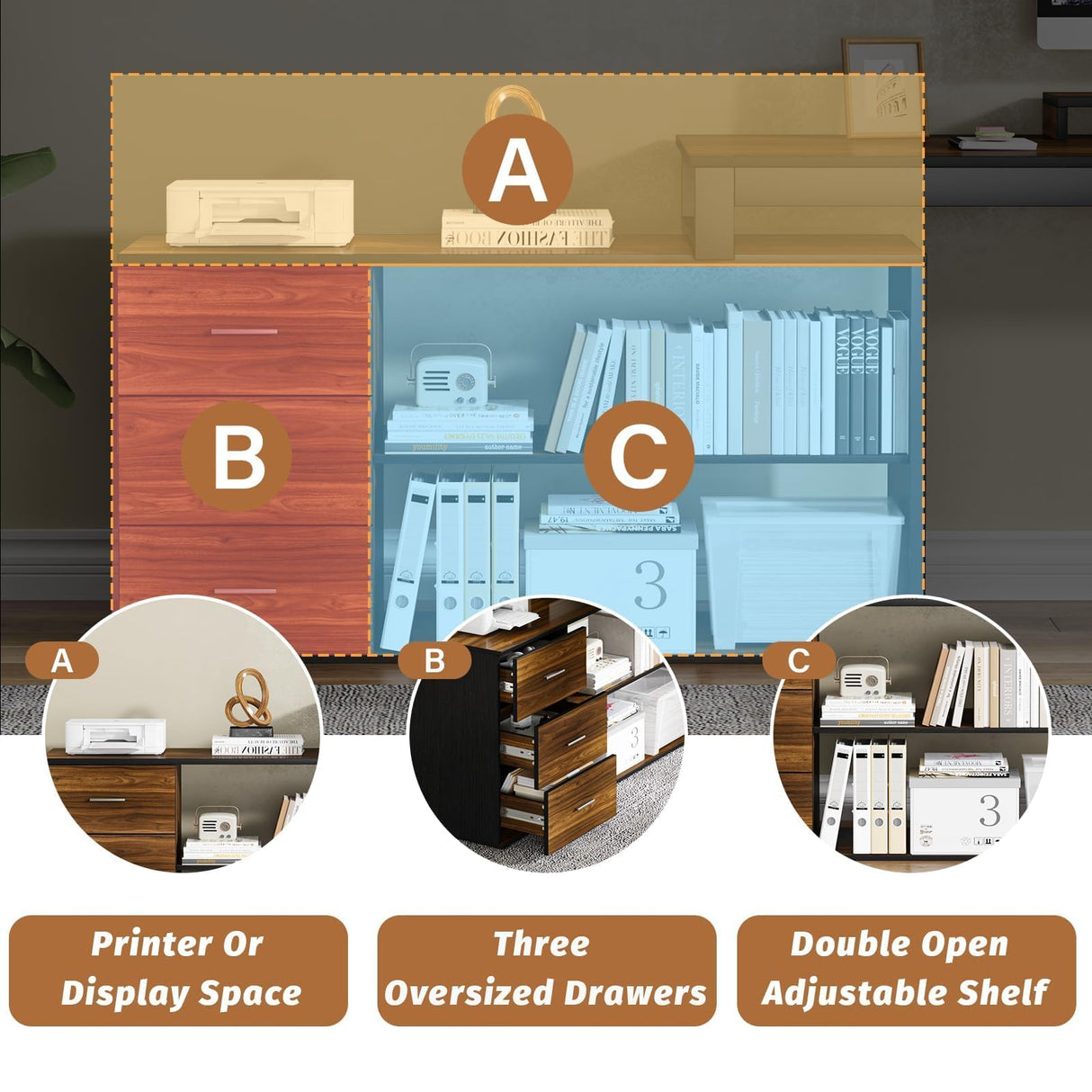 HOMBCK Home Office Computer Desk with 3 Drawers and Shelves, 55 Inch L Shaped Desk with Adjustable Shelves, Craft Table with Storage, Reversible L Shaped Desk, Modern Office Desk, Black Walnut HOMBCK