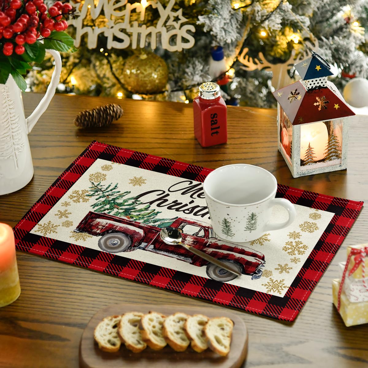 Artoid Mode Red and Black Buffalo Plaid Truck Merry Christmas Placemats Set of 4, 12x18 Inch Seasonal Winter Xmas Holiday Table Mats for Party Kitchen Dining Decoration Artoid Mode
