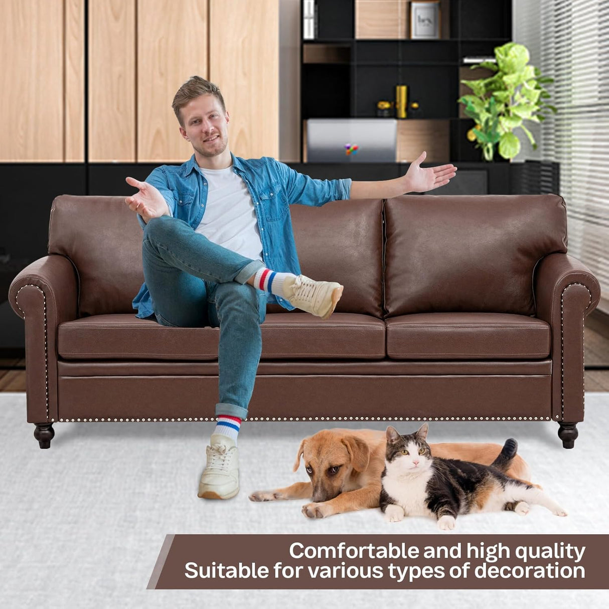 Brown Leather Couch, Comfy Classic 3 Seater Living Room Sofa,Mid-Century Modern Sofa with Detachable Cushions 84" for Living Rooms, Bedrooms, Offices,Apartments Tool-Free Assembly(Brown PU + Sofa) INOTEVERITORY