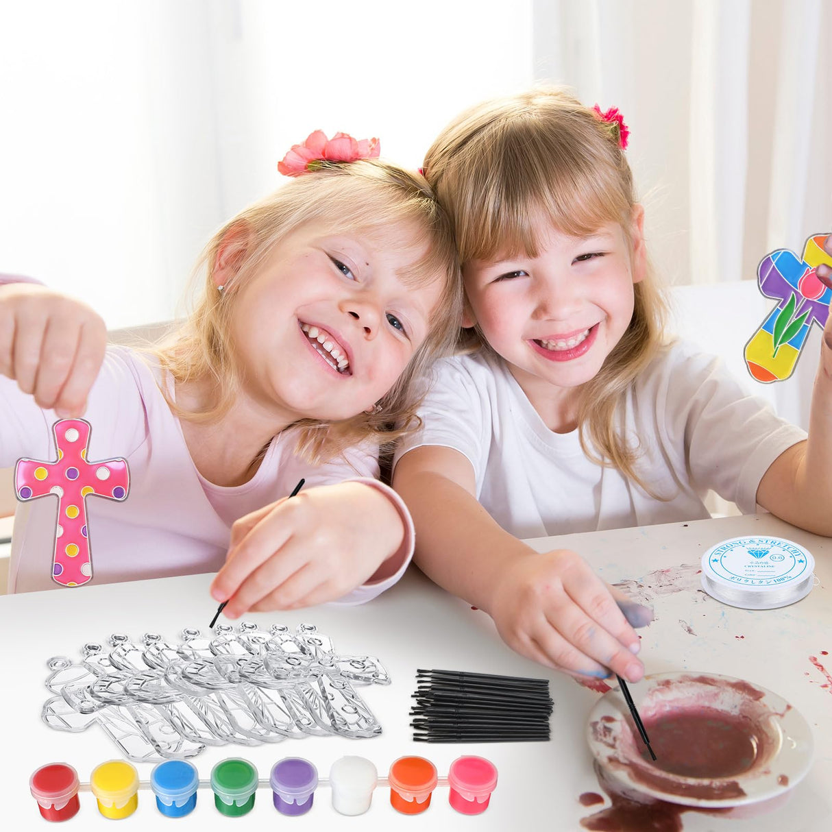 Poen 28 Sets Religious Cross Suncatchers Craft Kits for Kids DIY Christian Window Paint Art Kit Sunday School Sun Catcher Ornaments Decor for Kids Classroom Vbs Activities Party Favors Poen