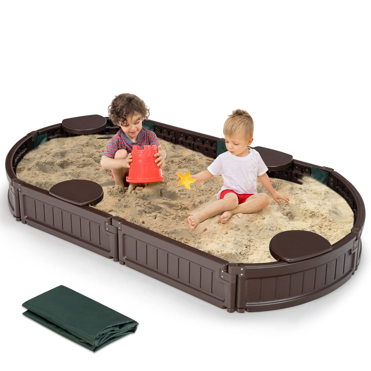 HONEY JOY Sandbox with Cover, 6FT Oval Sand Pit for Backyard, 4 Built-in Seating & Bottom Drainage Liner, All Weather Resistant Sand Boxes for Kids Outdoor with Lid HONEY JOY