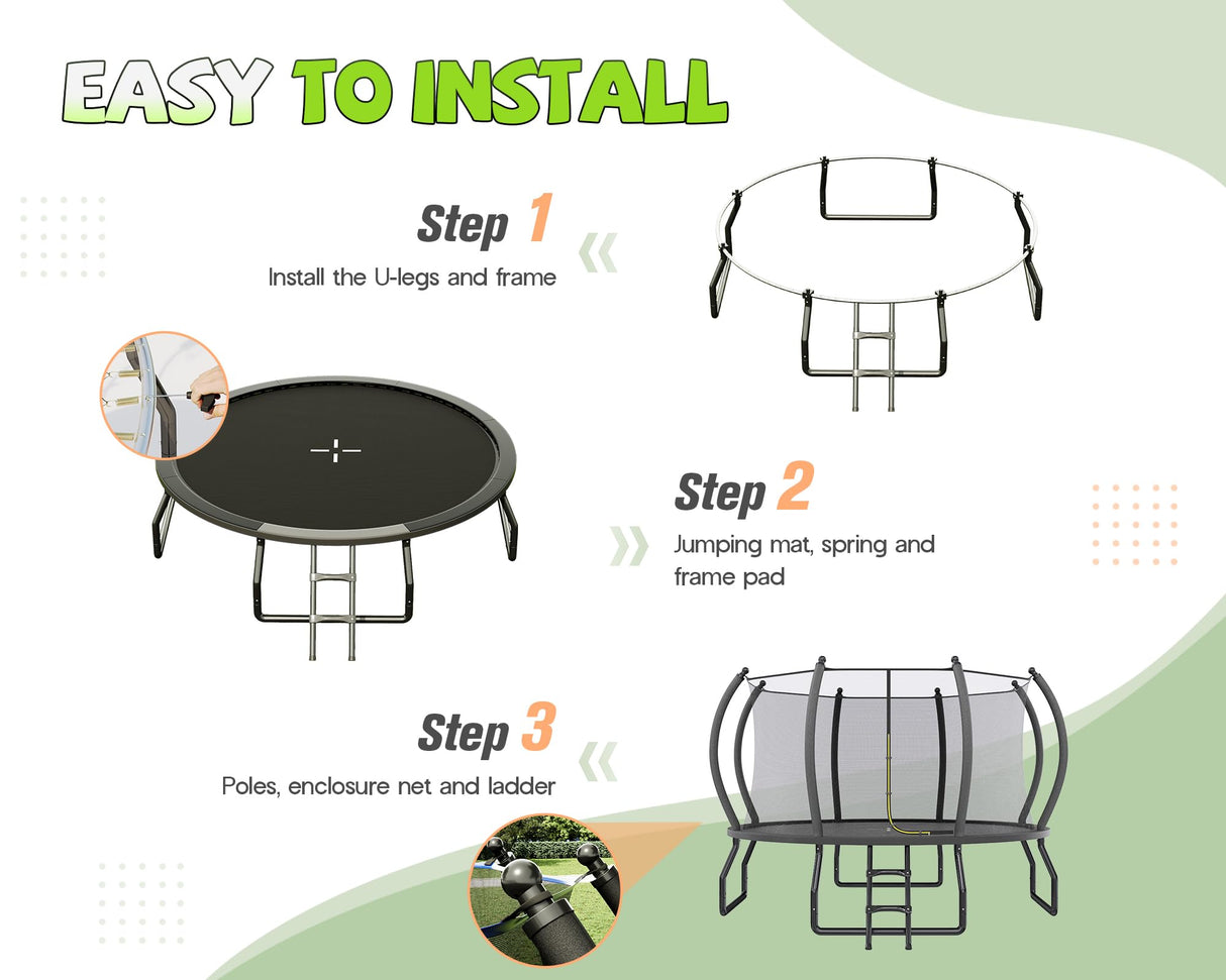 YUMPIE 8FT 10FT 12FT 14FT 16FT Outdoor Trampoline with Enclosure Net and Ladder, Recreational Trampolines for Kids, Pop-up Quick Connect Frame, ASTM Approval YUMPIE