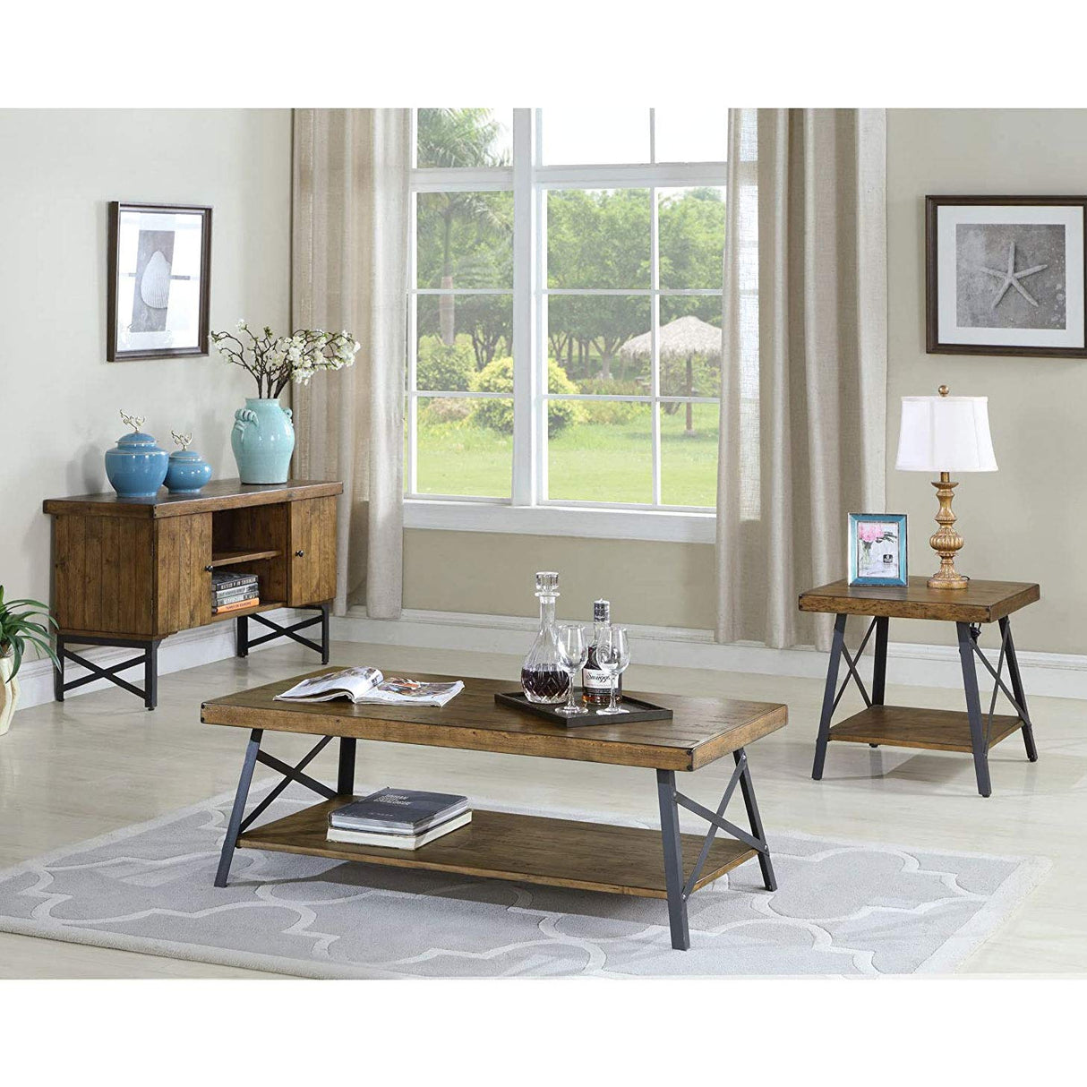 Emerald Home Furnishings Chandler Rustic Industrial Solid Wood and Steel Coffee Table with Open Shelf, Pine Brown,48" Emerald Furniture