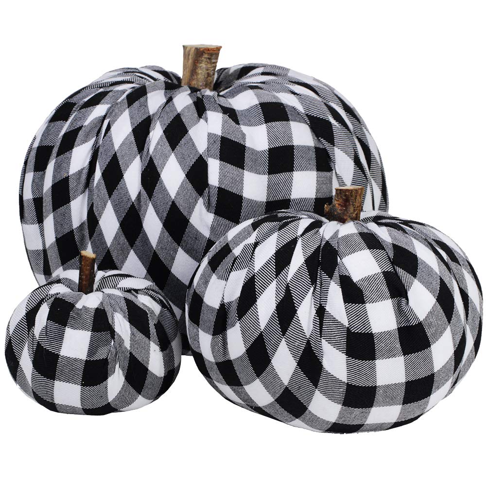 Package of 3 Assorted Burlap Pumpkins Fabric Pumpkins Buffalo Plaid Pumpkins Gingham Fabric Pumpkins Fall Thanksgiving Halloween Seasonal Holiday Farmhouse Tabletop Decoration Winlyn