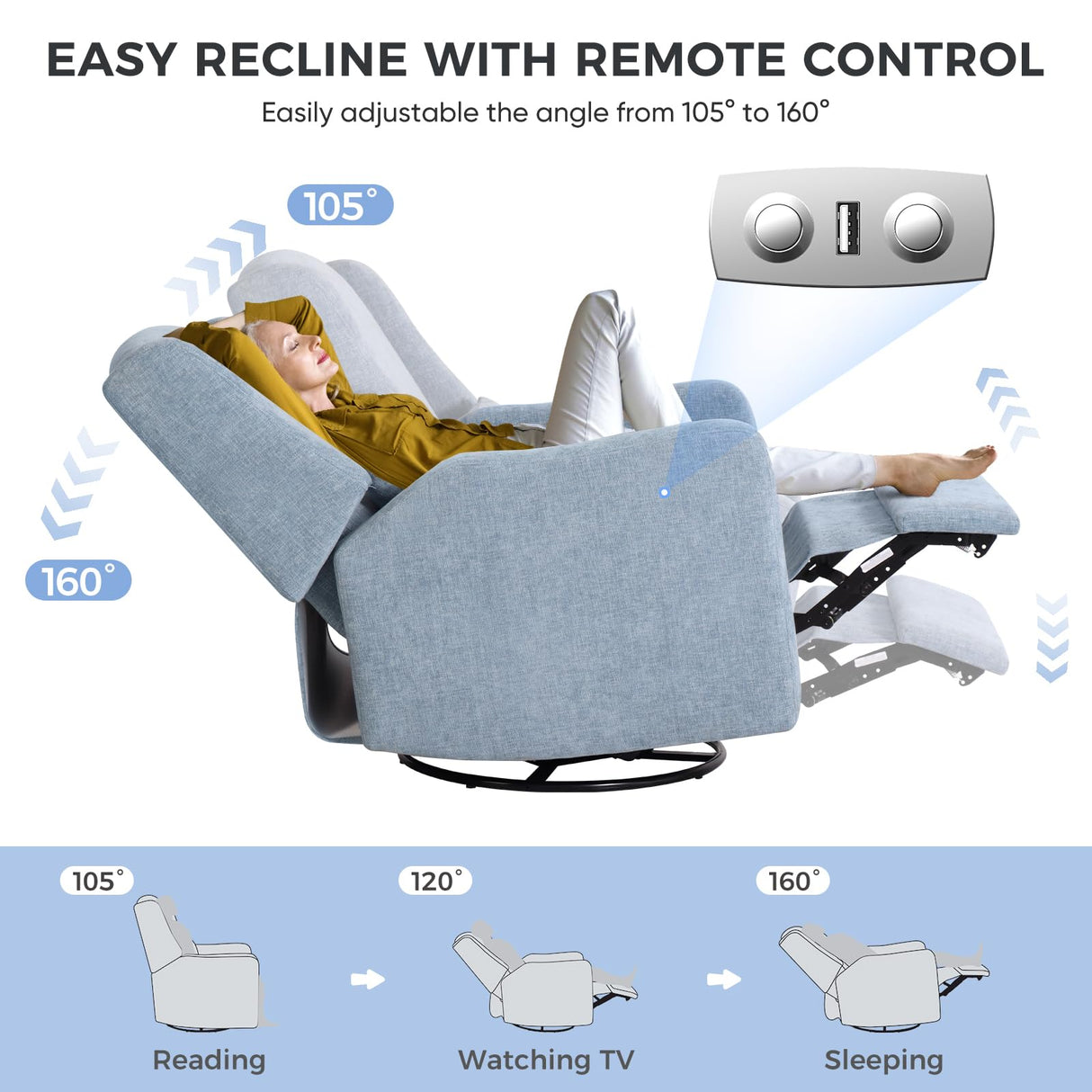 SENYUN Power Recliner Chair Swivel Glider, Large Nursery Glider w/USB Charging Port, Chenille Upholstered Rocker Recliner for Bedroom,Nursery,Living Room,1PC,Blue SENYUN